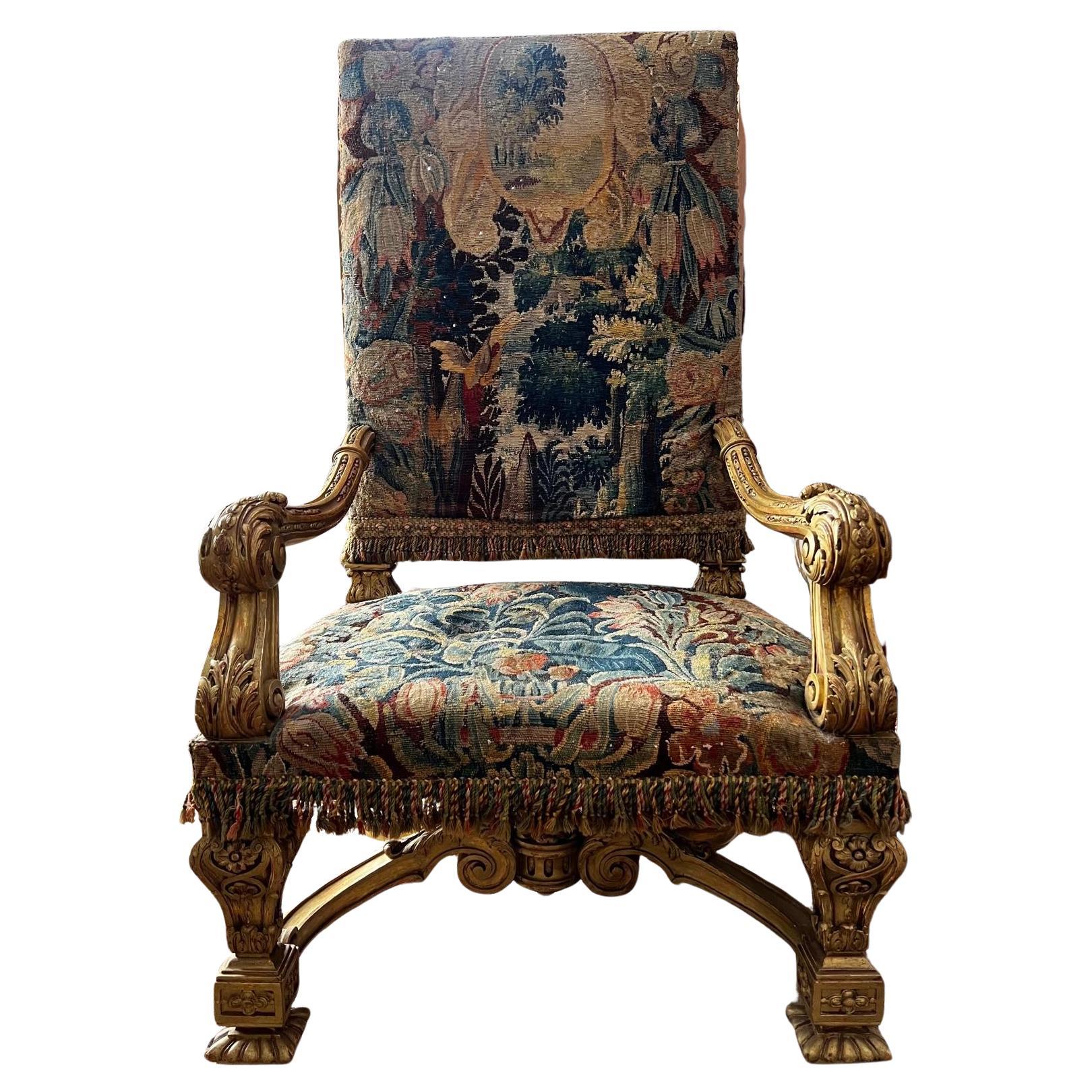 Louis XIV Style Carved Giltwood Tapestry Upholstered Armchair