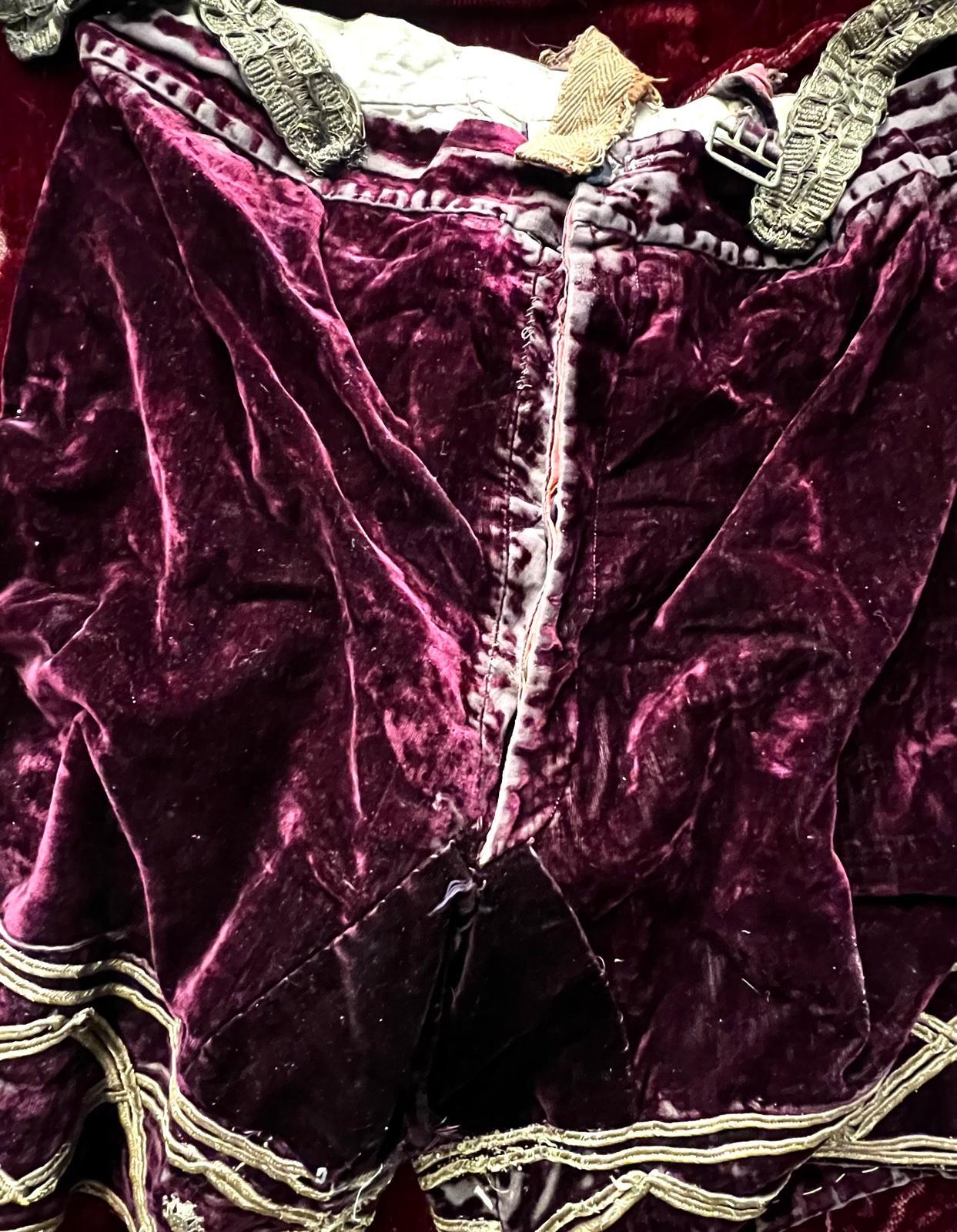 Un'esposizione artistica estremamente rara e unica di pantaloni in velluto con ricamo in oro del periodo Luigi XVI. Questo oggetto unico è stato incorniciato ed esposto su una tavola di velluto antico con una cornice dorata. 
Marie Antoinette è