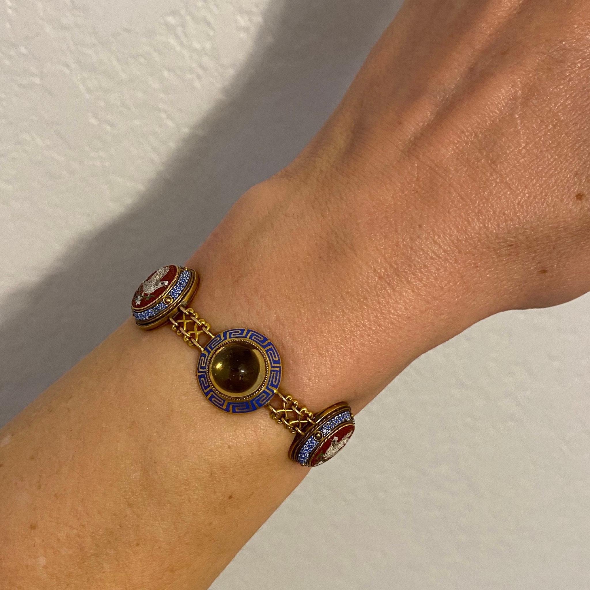 Antique Rare Micro Mosaic Citrine and Enamel Gold Bracelet Estate Fine Jewelry In Excellent Condition For Sale In Montreal, QC