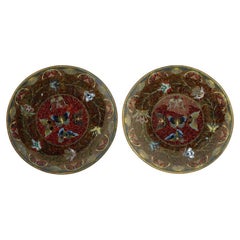 Antique Rare Pair Japanese Cloisonne Enamel Gold Stone Butterfly Plates Attribut