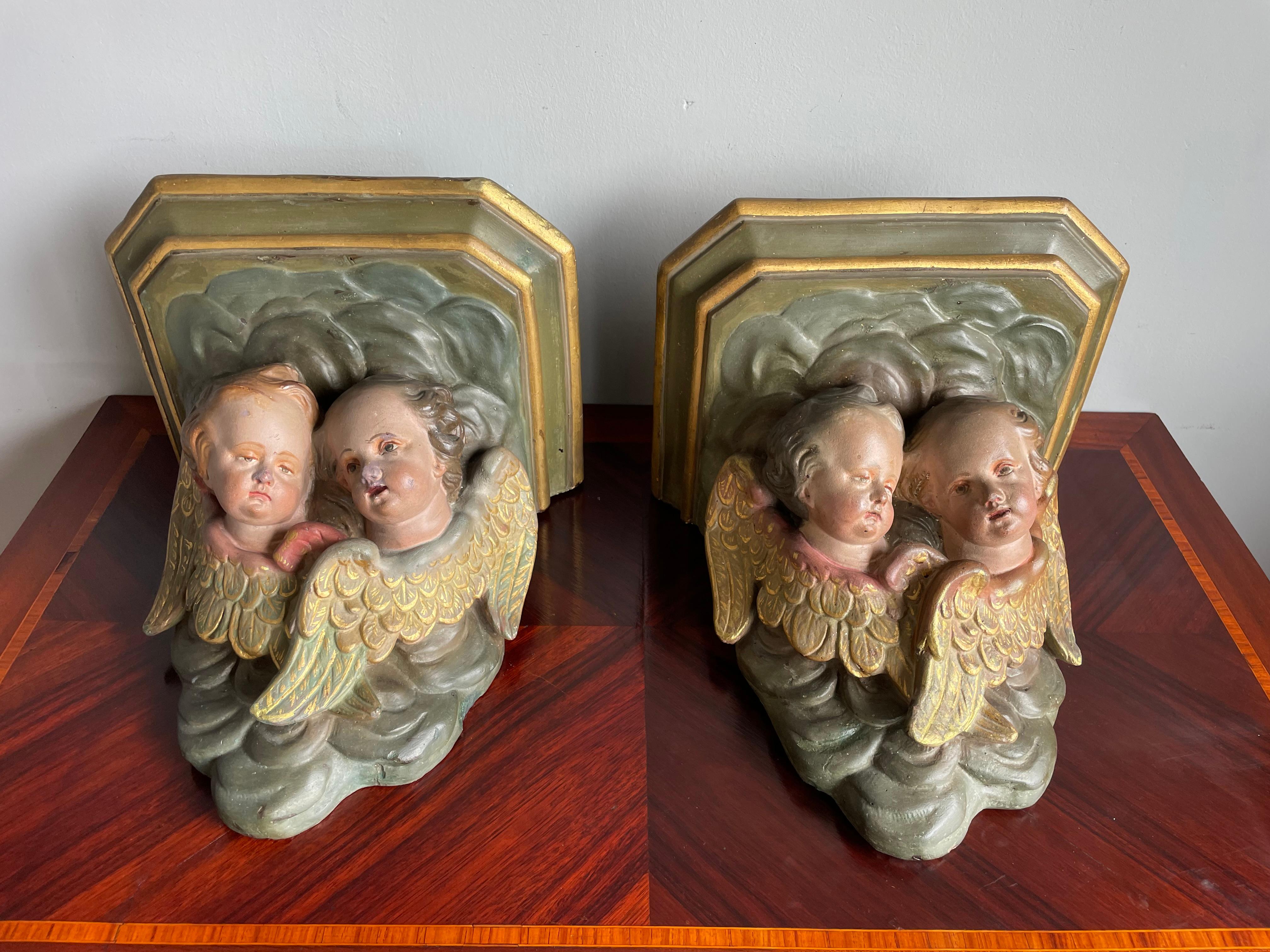 Antique & Rare Pair of Church Brackets for Saint Statues with Angel Sculptures For Sale 8