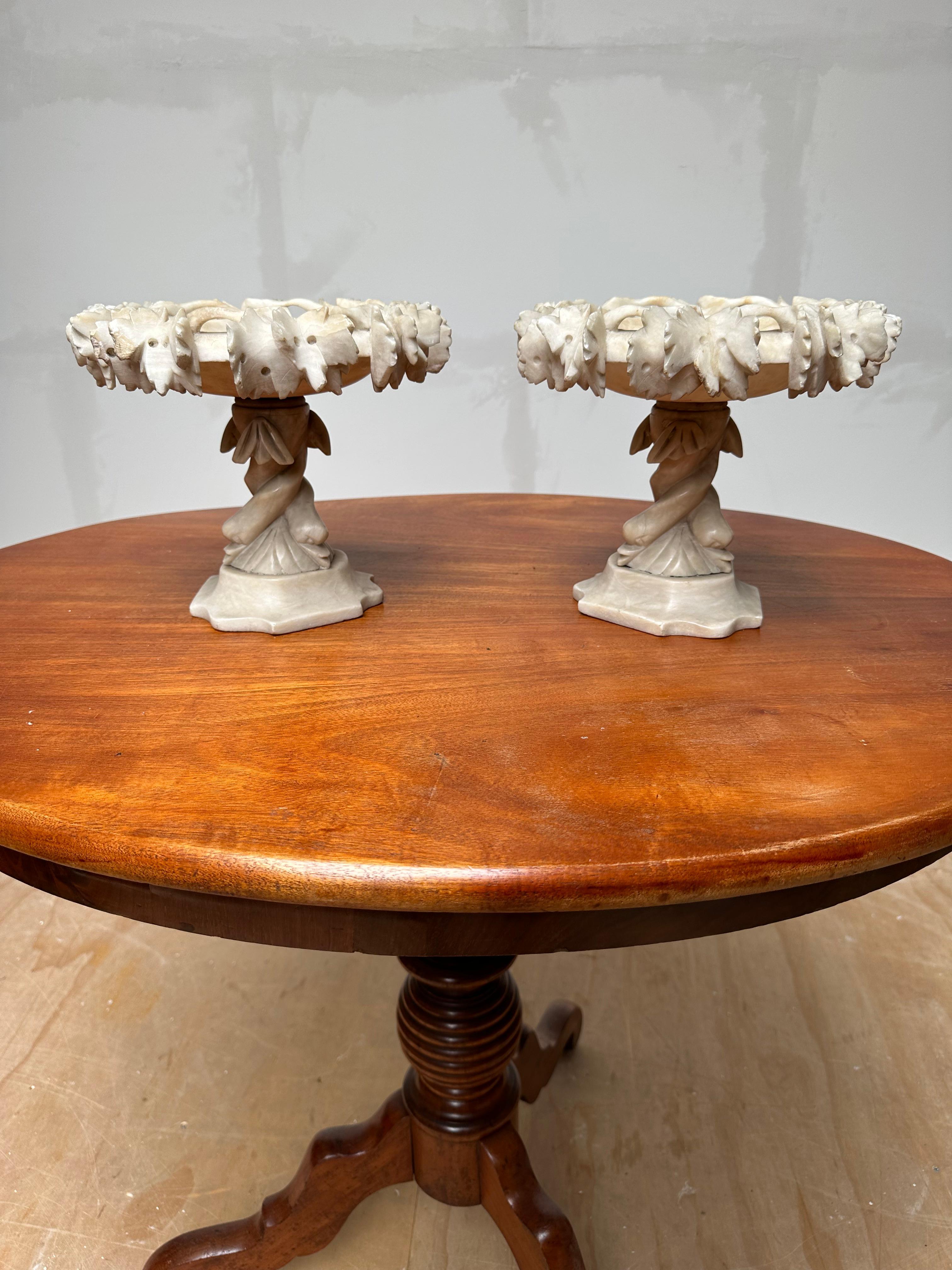 Antique & Rare Pair of Hand Carved Italian Alabaster Tazza Table Display Pieces For Sale 4