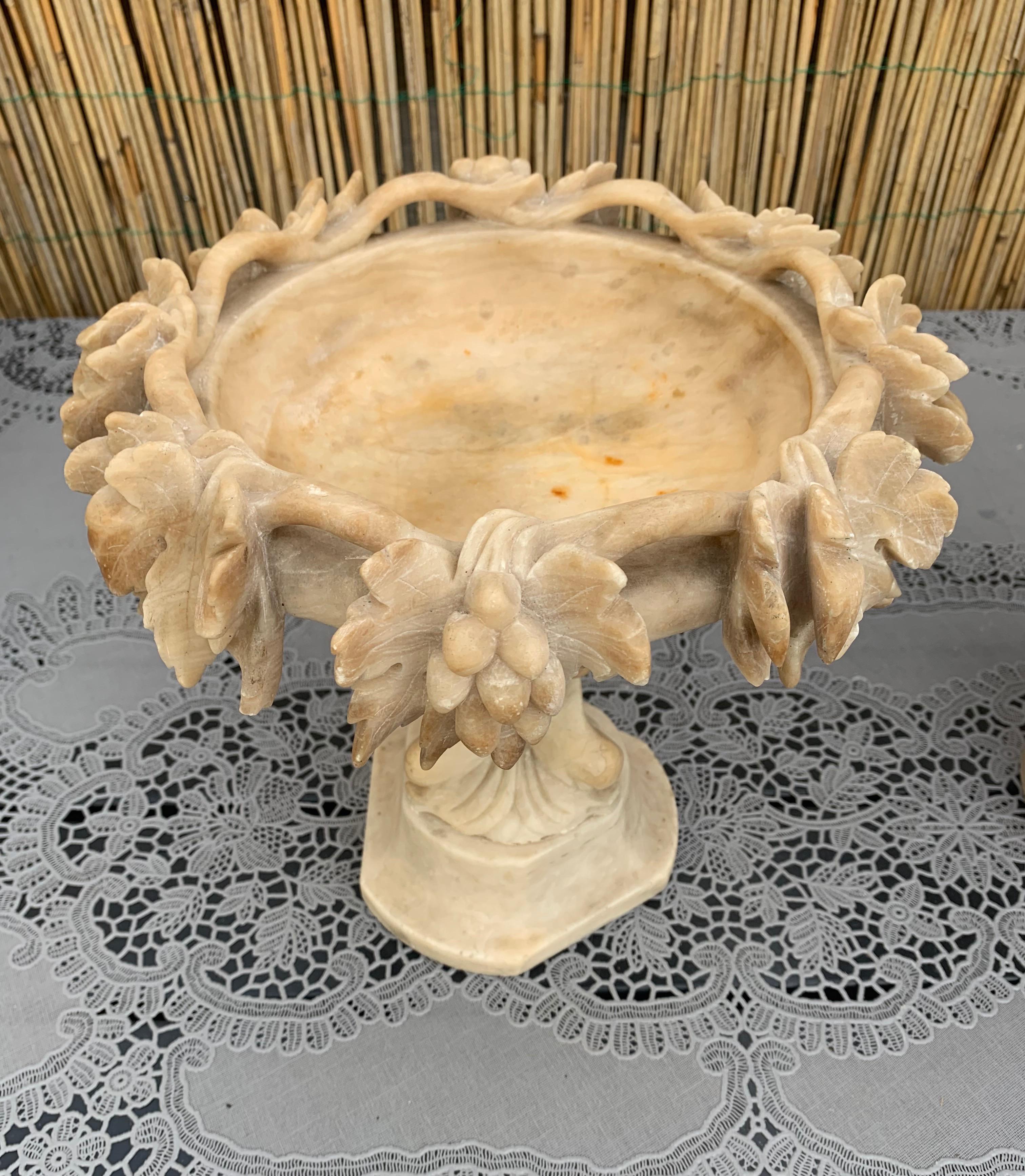 Antique & Rare Pair of Hand Carved Italian Alabaster Tazza Table Display Pieces 5
