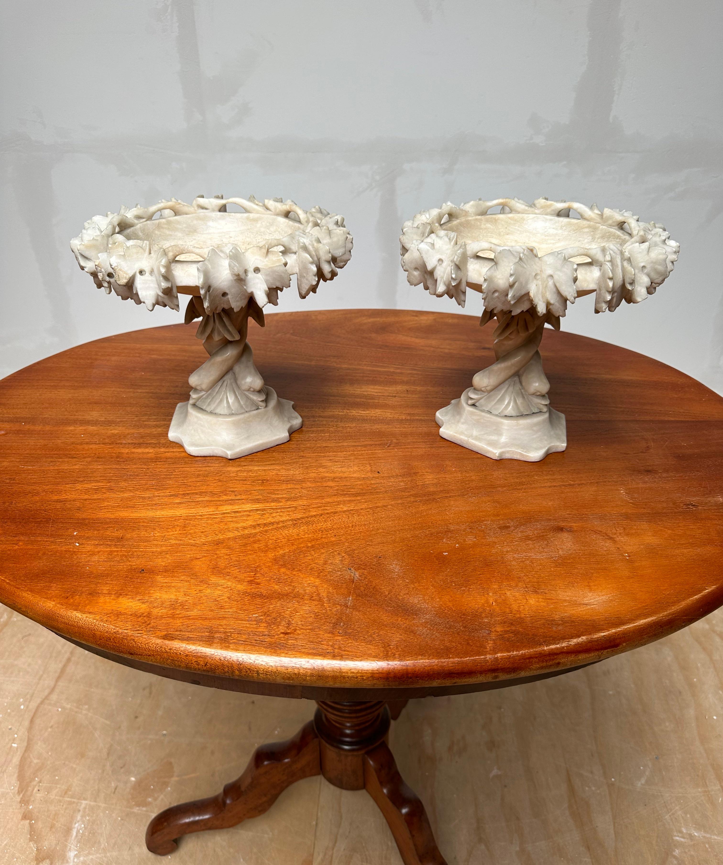 Antique & Rare Pair of Hand Carved Italian Alabaster Tazza Table Display Pieces For Sale 10
