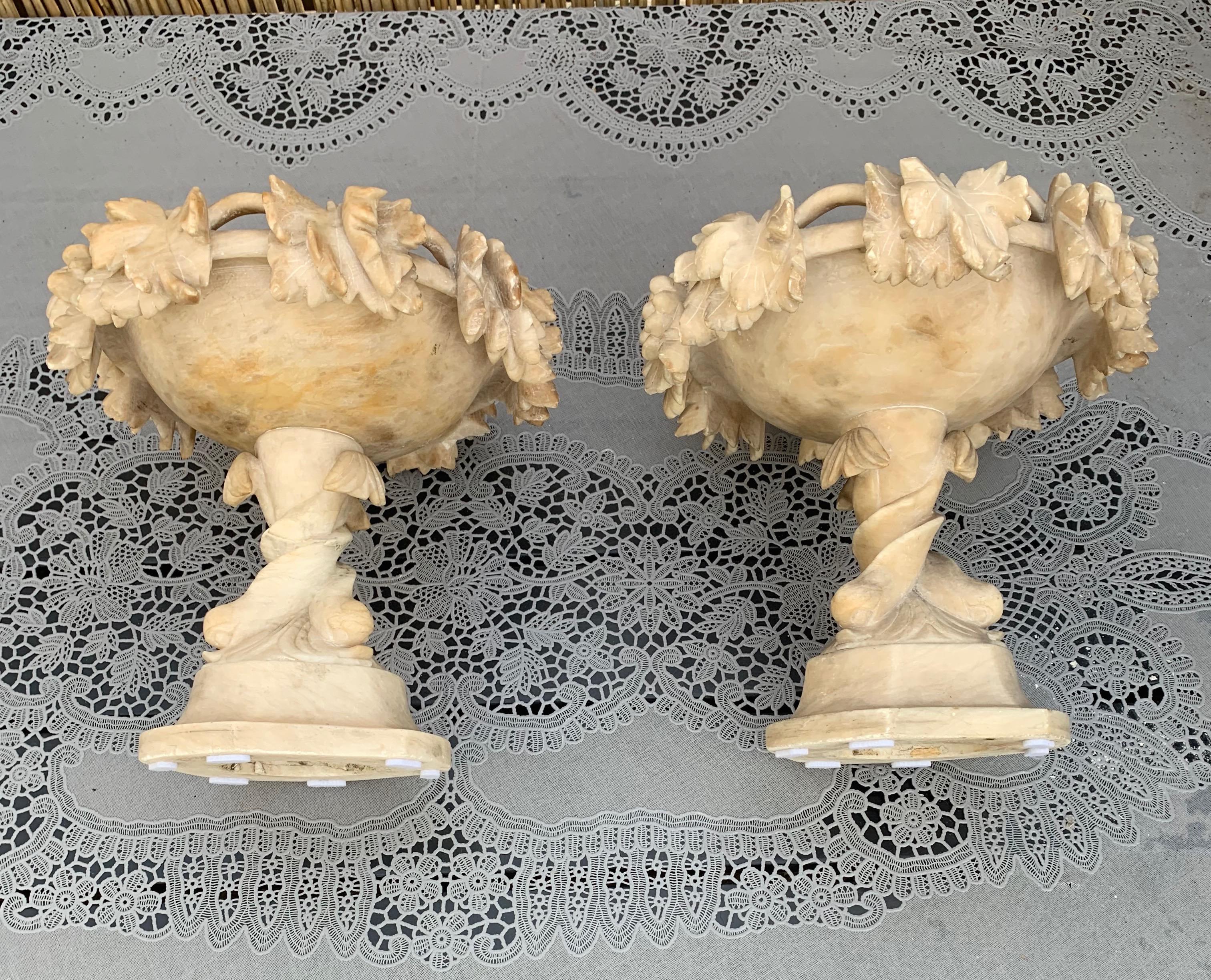 Antique & Rare Pair of Hand Carved Italian Alabaster Tazza Table Display Pieces 13