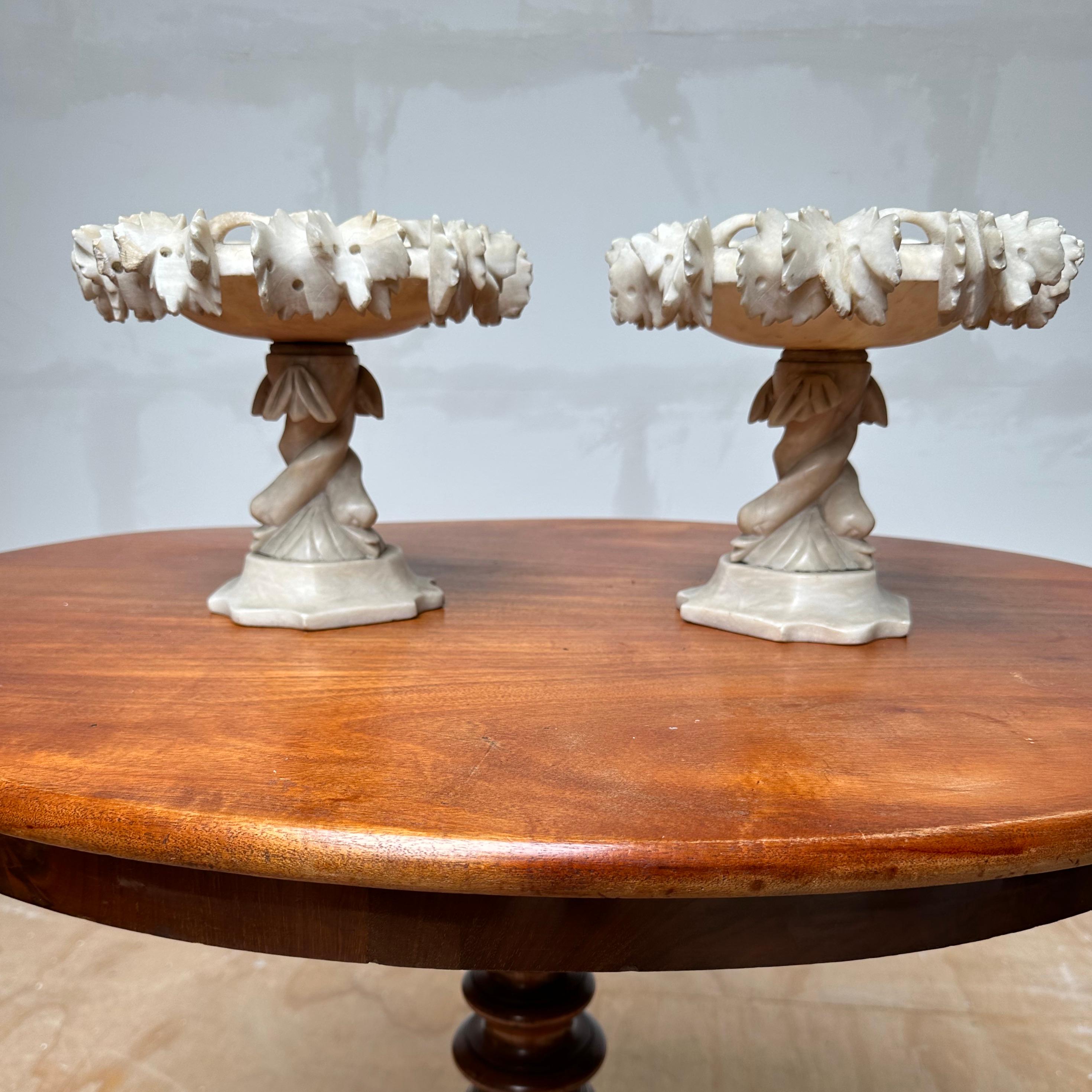 Antique & Rare Pair of Hand Carved Italian Alabaster Tazza Table Display Pieces For Sale 13