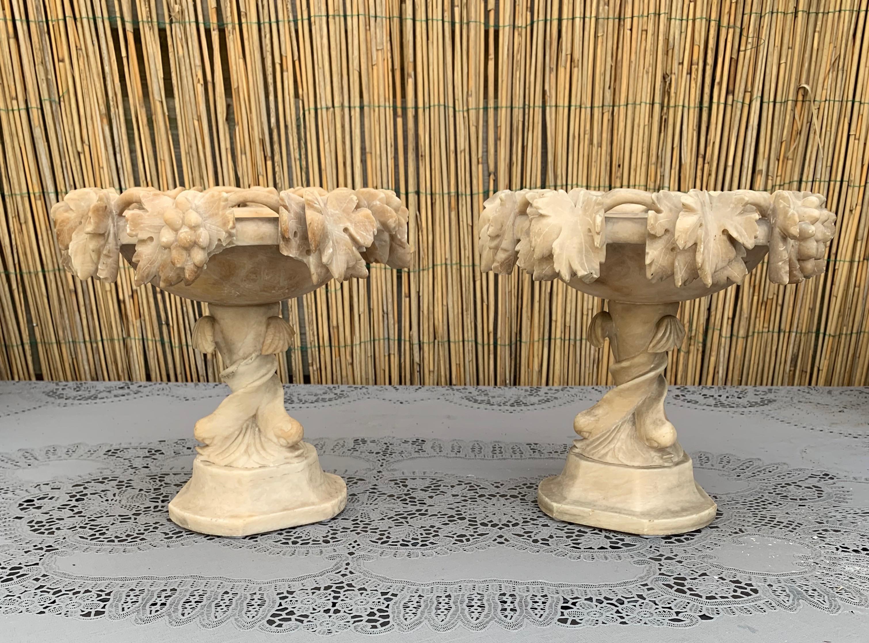 All handcrafted out of alabaster these stylish & decorative tazzas make great centrepieces.

This rare pair of 19th century tazzas comes with overhanging wine branches all around the circular tops. Finding this pair of Renaissance Revival tazzas