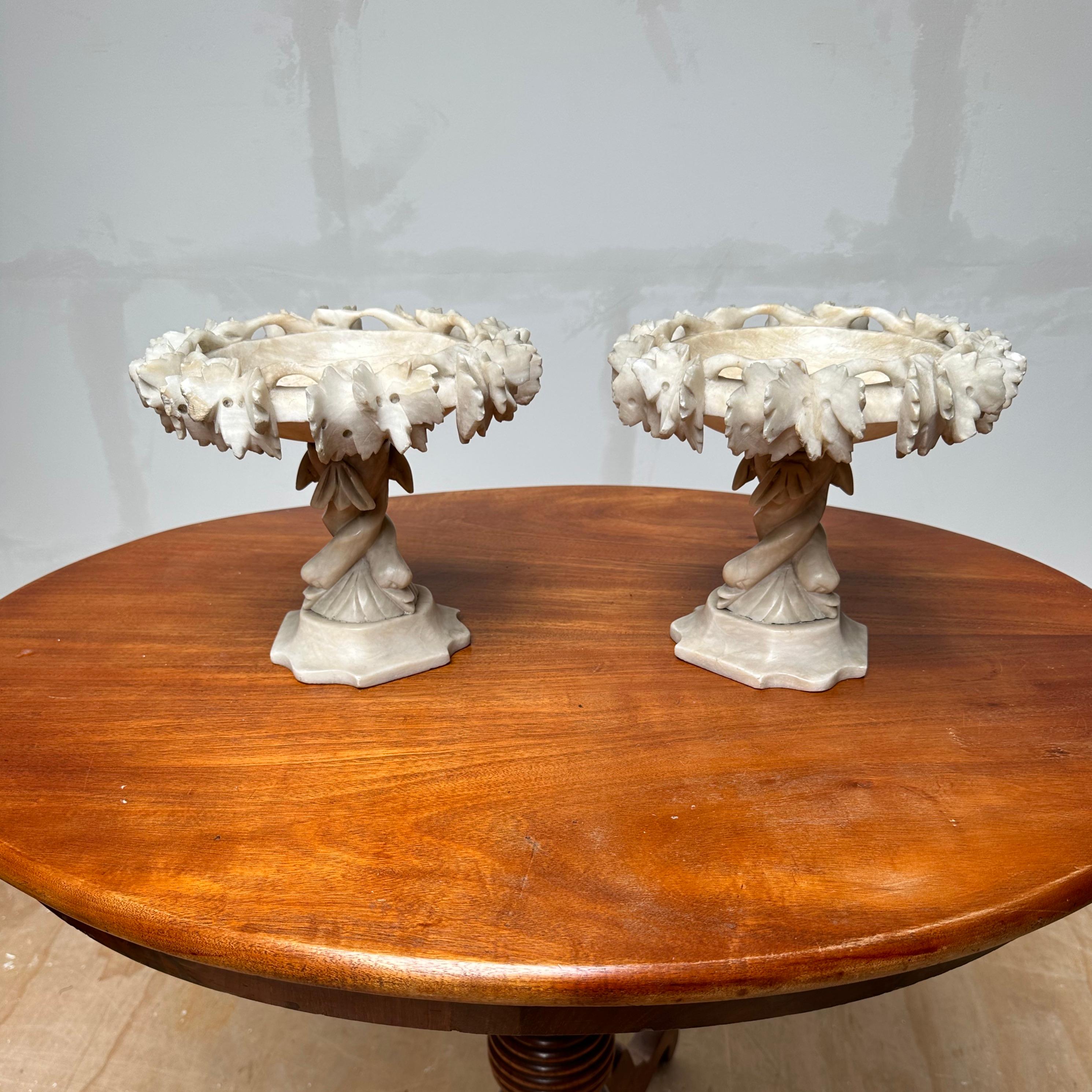Antique & Rare Pair of Hand Carved Italian Alabaster Tazza Table Display Pieces For Sale 14