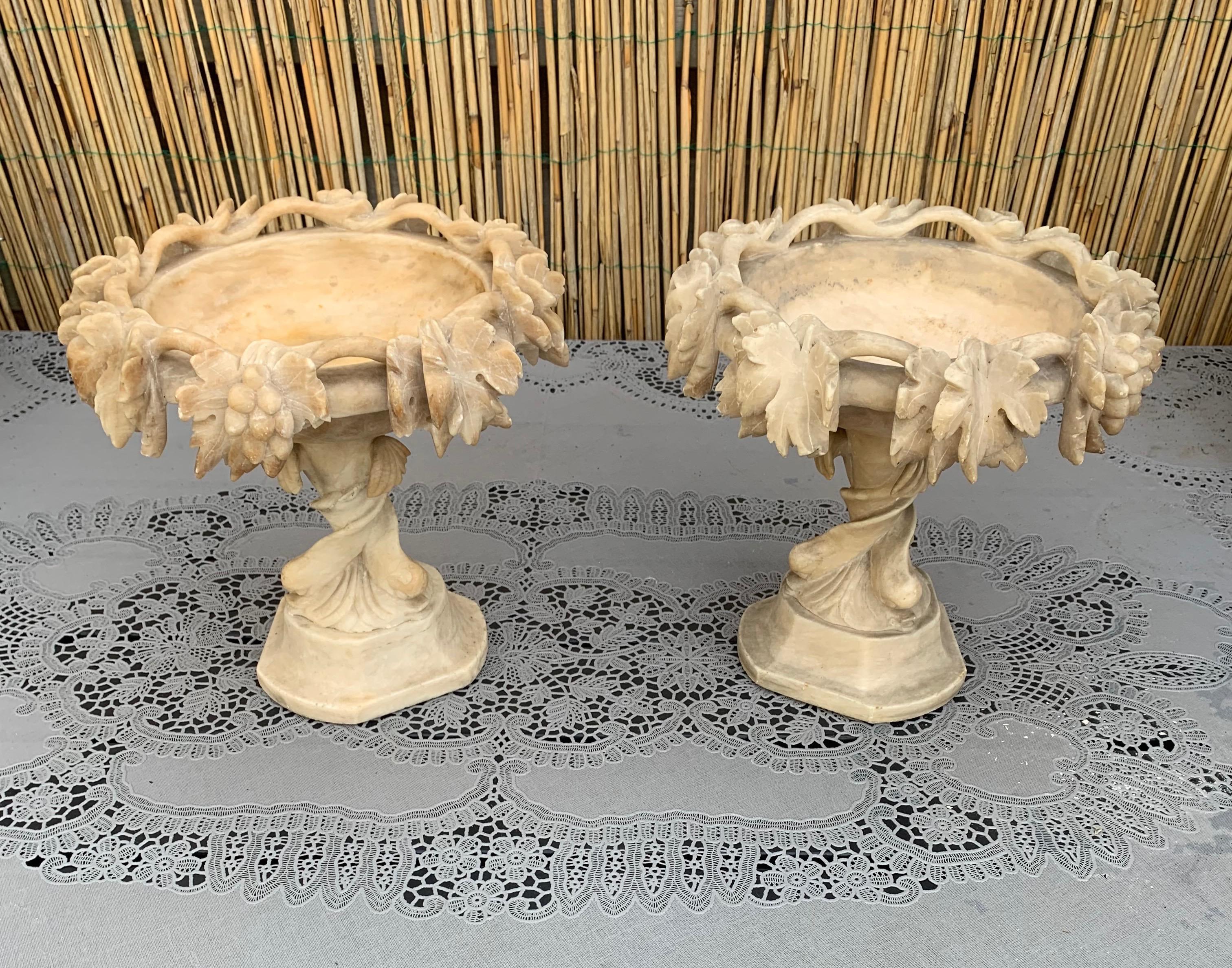 Renaissance Revival Antique & Rare Pair of Hand Carved Italian Alabaster Tazza Table Display Pieces