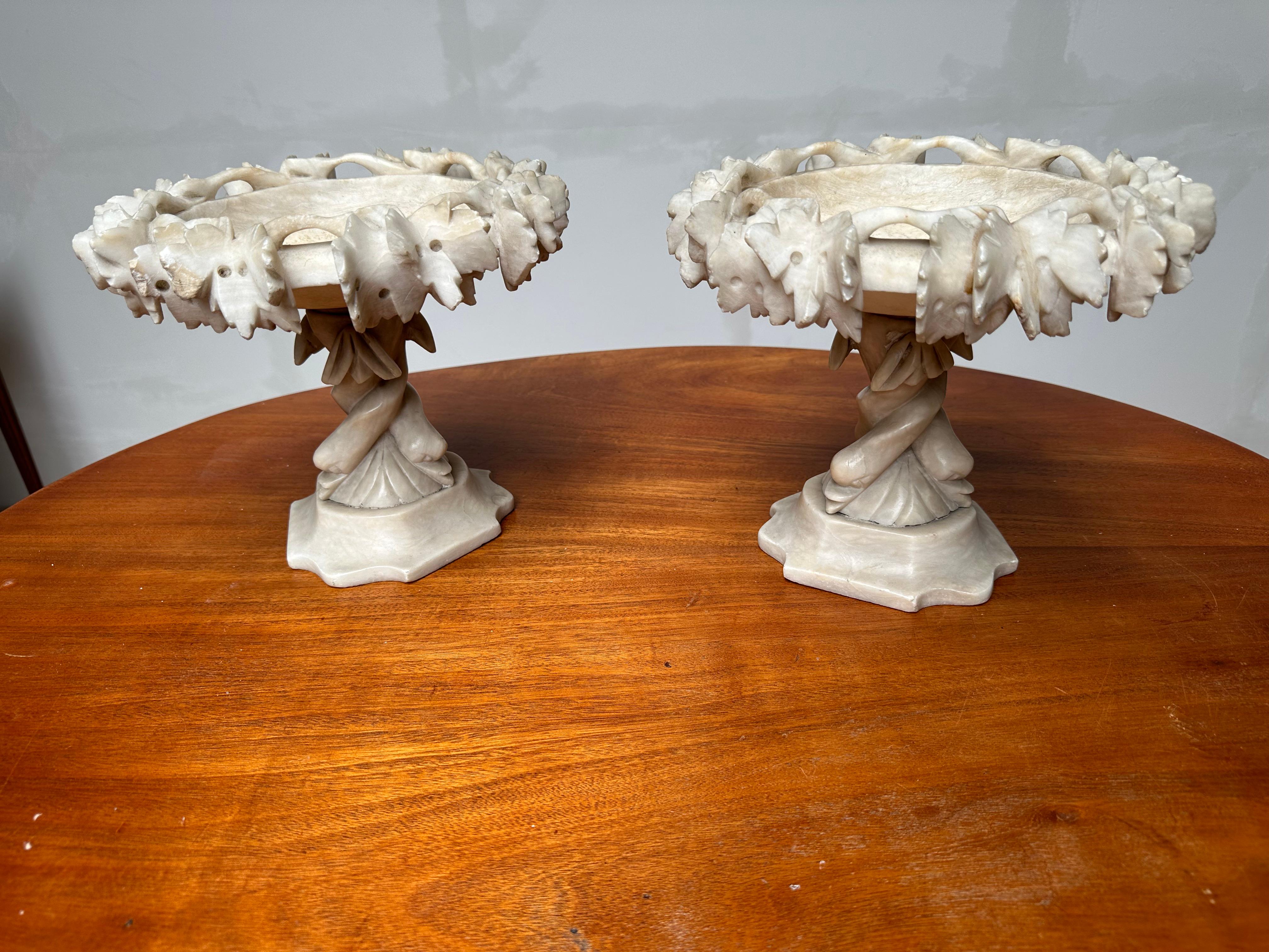 Renaissance Revival Antique & Rare Pair of Hand Carved Italian Alabaster Tazza Table Display Pieces For Sale