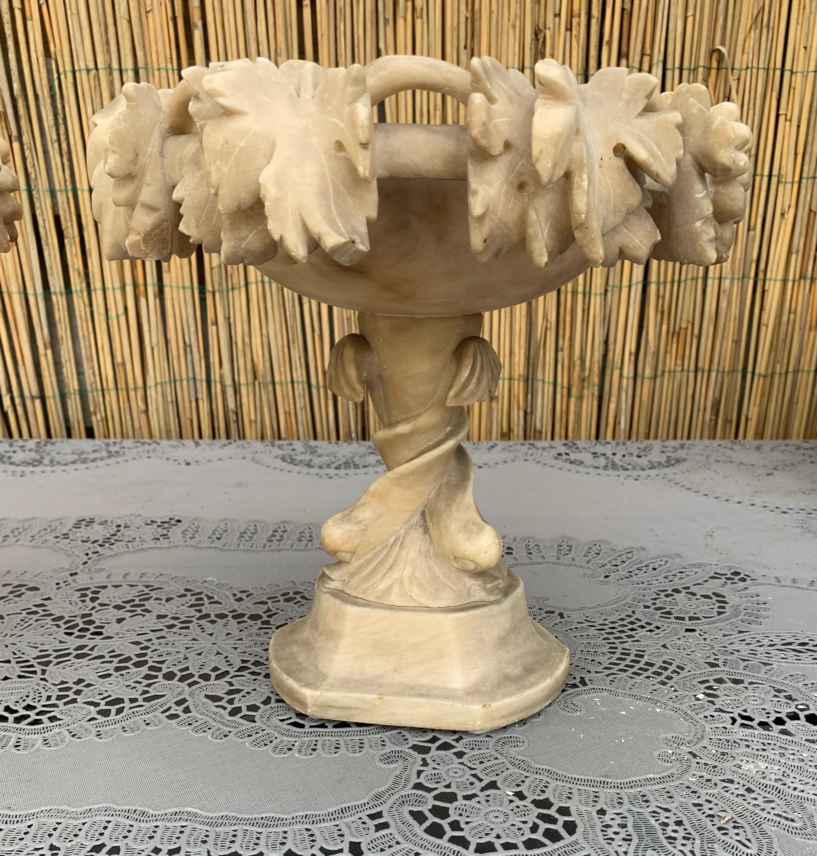 Hand-Crafted Antique & Rare Pair of Hand Carved Italian Alabaster Tazza Table Display Pieces
