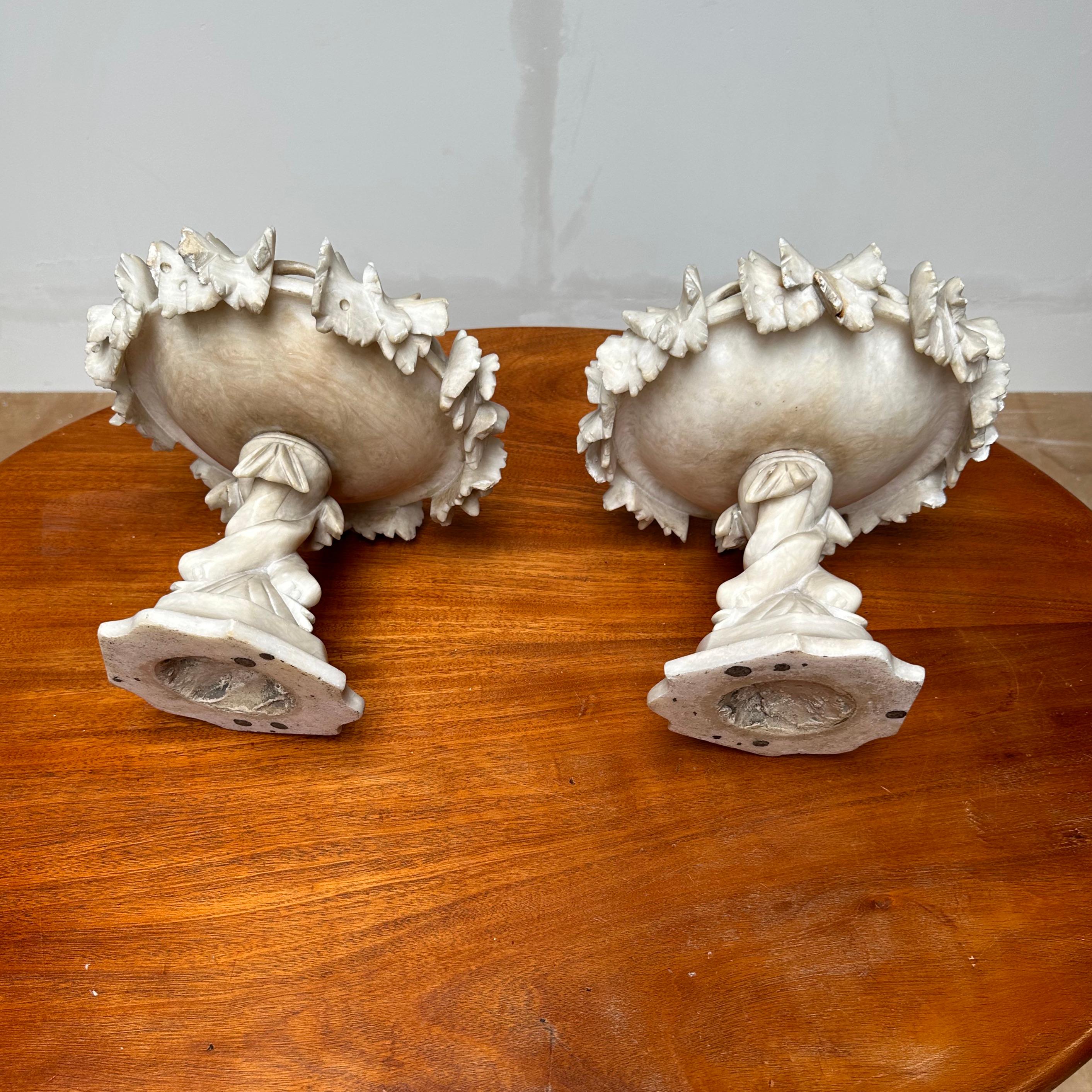 Hand-Crafted Antique & Rare Pair of Hand Carved Italian Alabaster Tazza Table Display Pieces For Sale