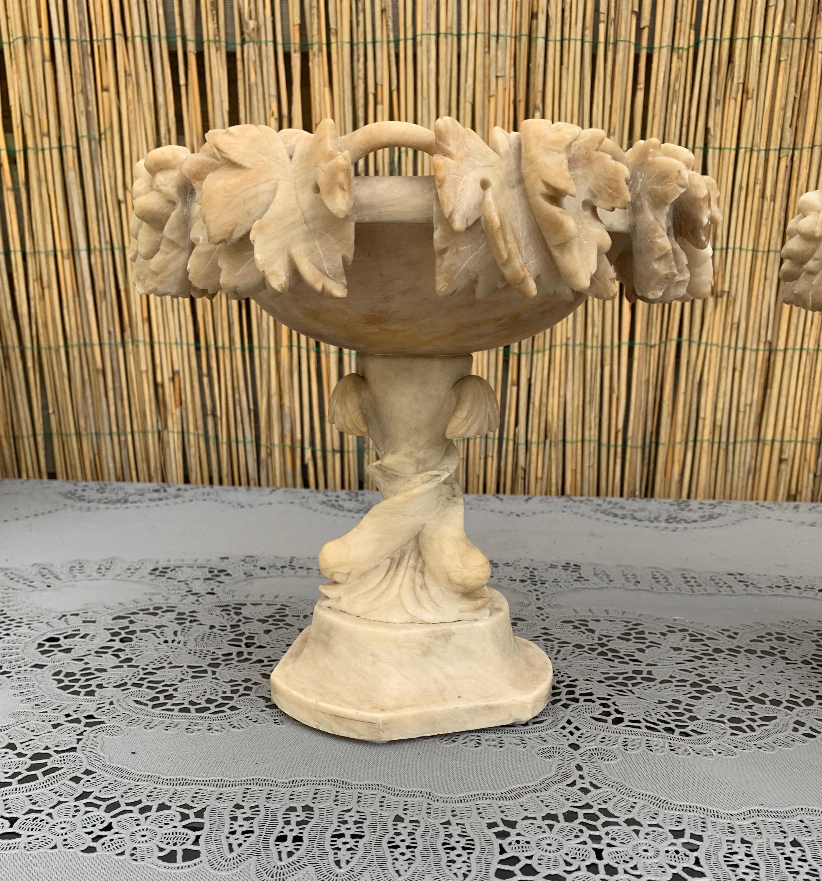 Antique & Rare Pair of Hand Carved Italian Alabaster Tazza Table Display Pieces In Good Condition In Lisse, NL