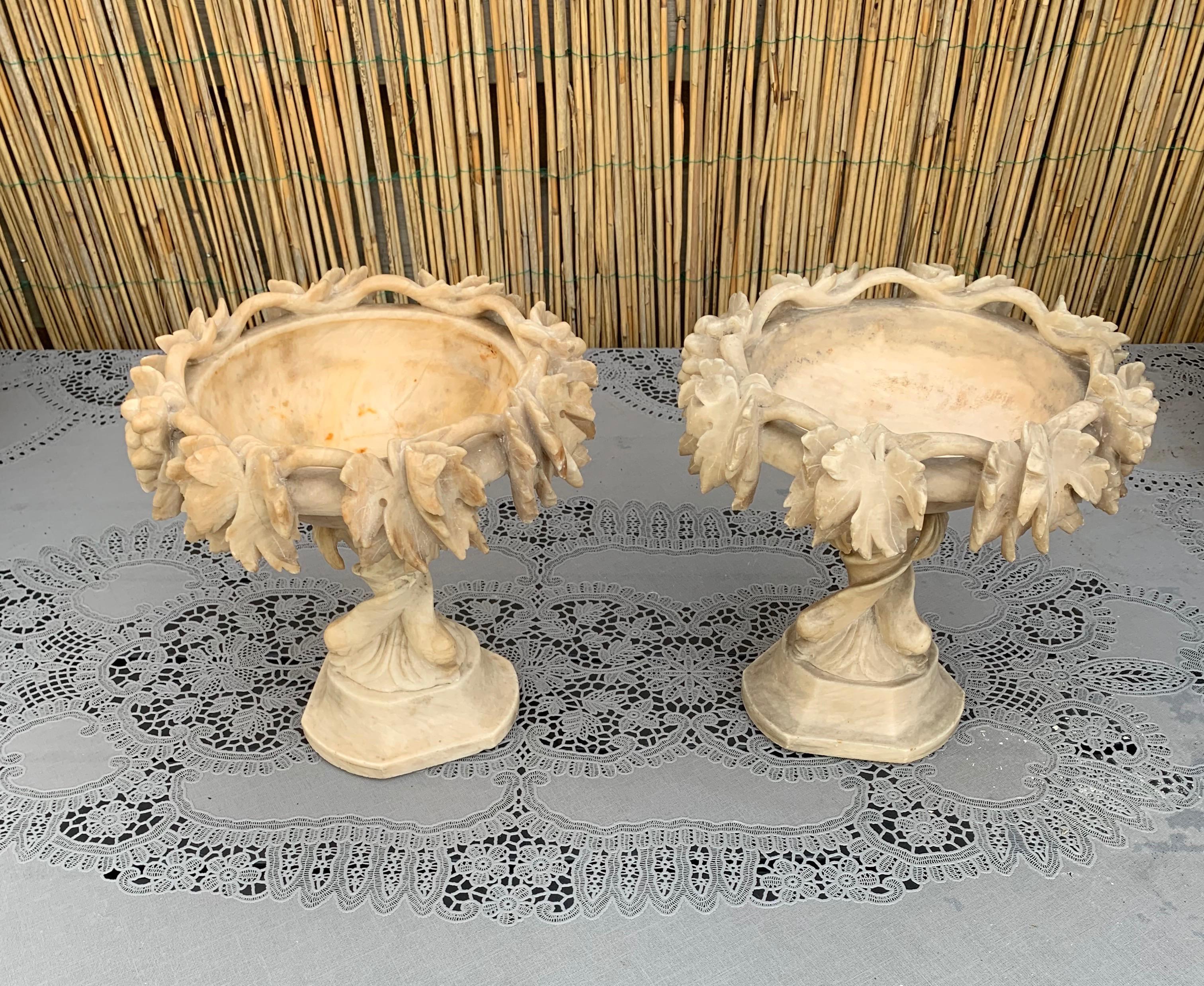 19th Century Antique & Rare Pair of Hand Carved Italian Alabaster Tazza Table Display Pieces