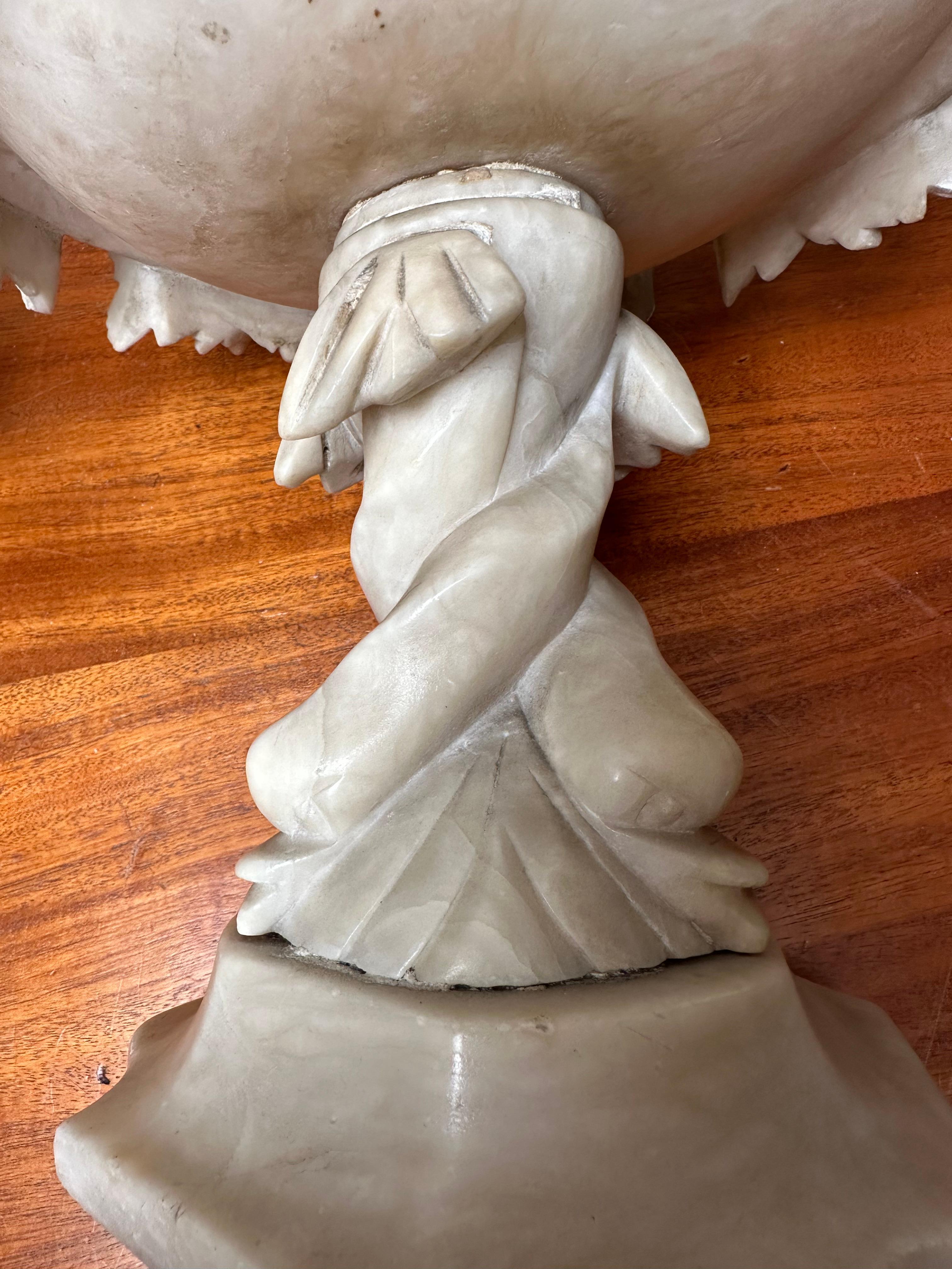 20th Century Antique & Rare Pair of Hand Carved Italian Alabaster Tazza Table Display Pieces For Sale
