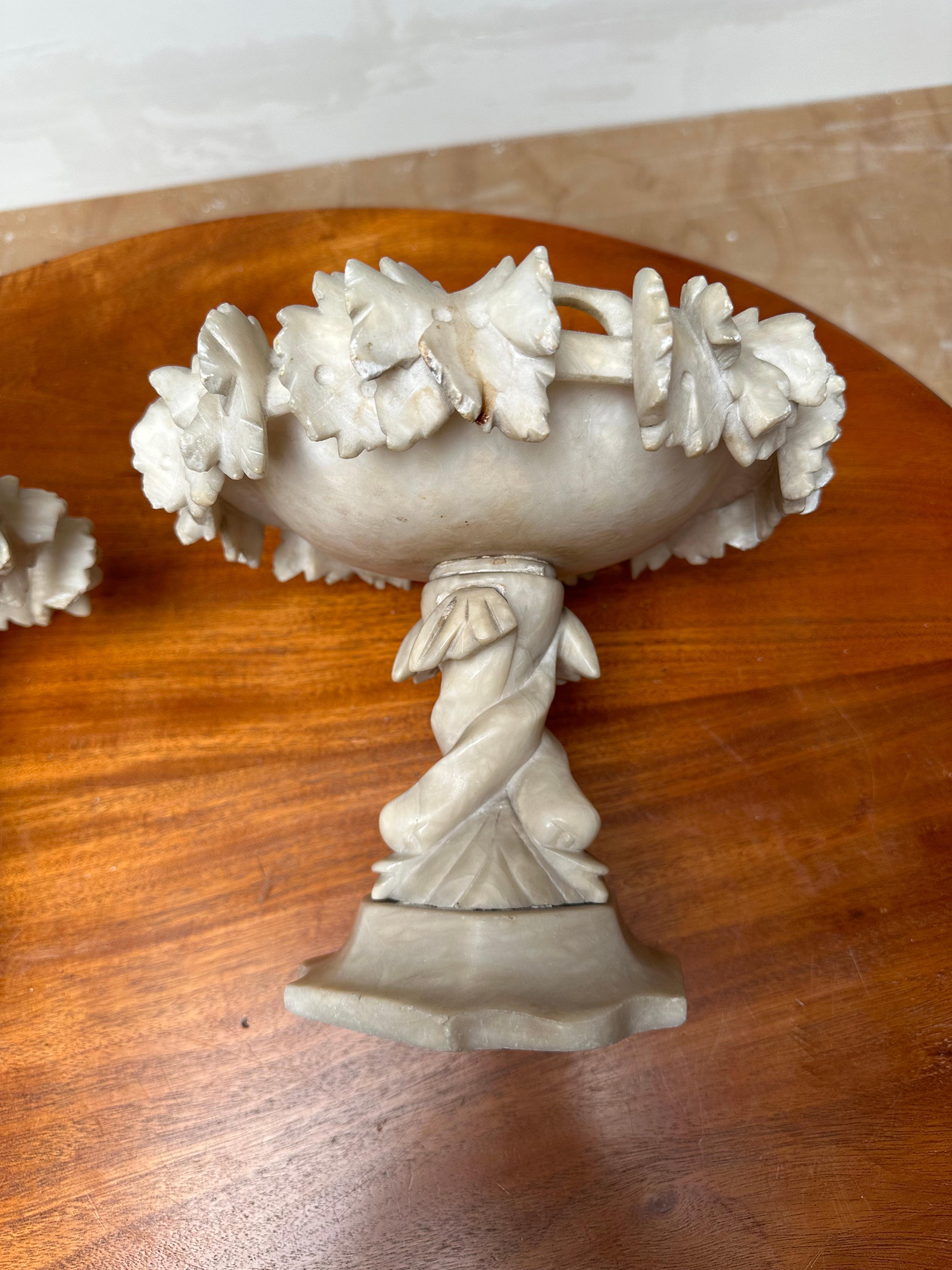 Antique & Rare Pair of Hand Carved Italian Alabaster Tazza Table Display Pieces For Sale 1