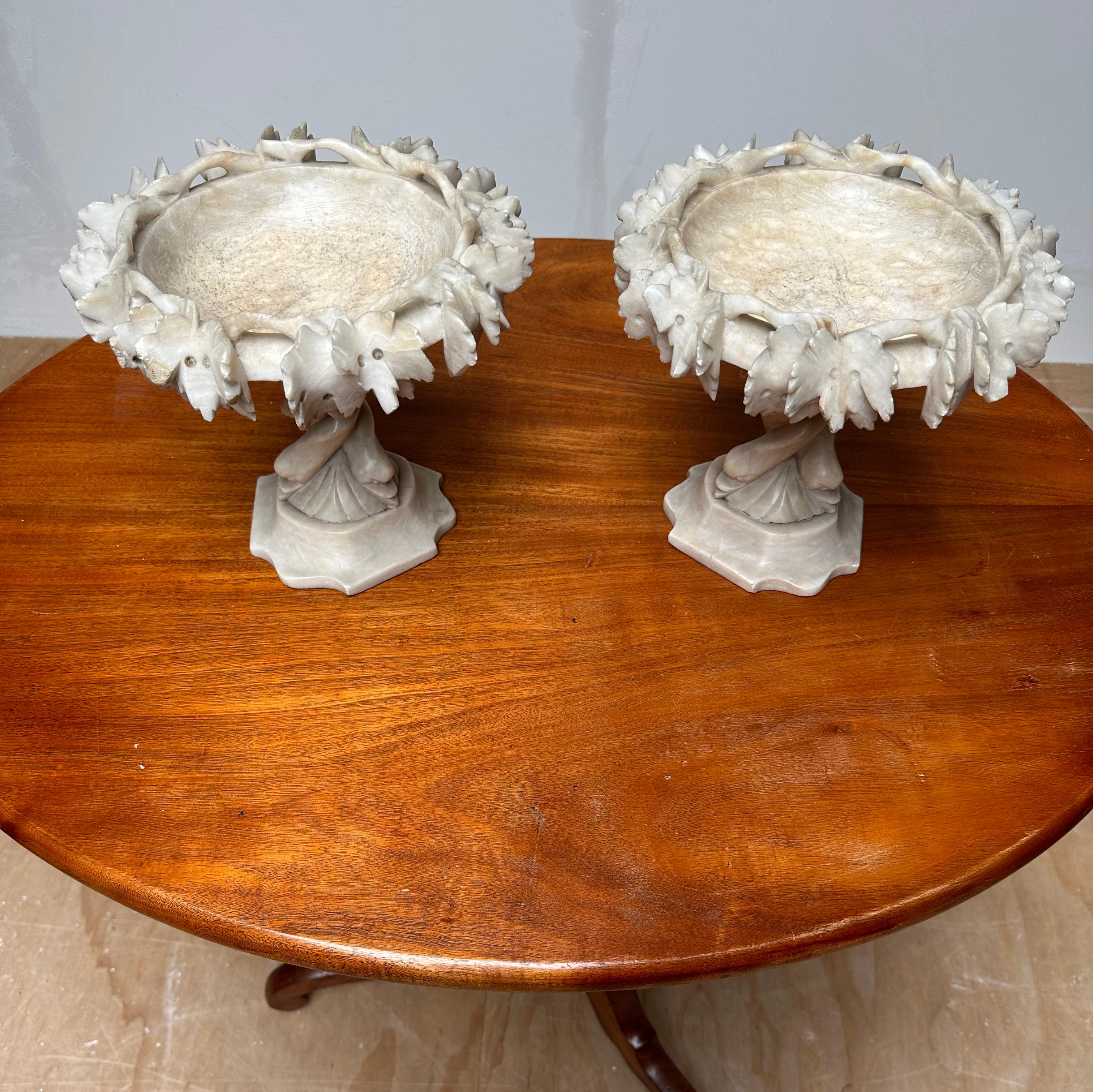 Antique & Rare Pair of Hand Carved Italian Alabaster Tazza Table Display Pieces For Sale 2