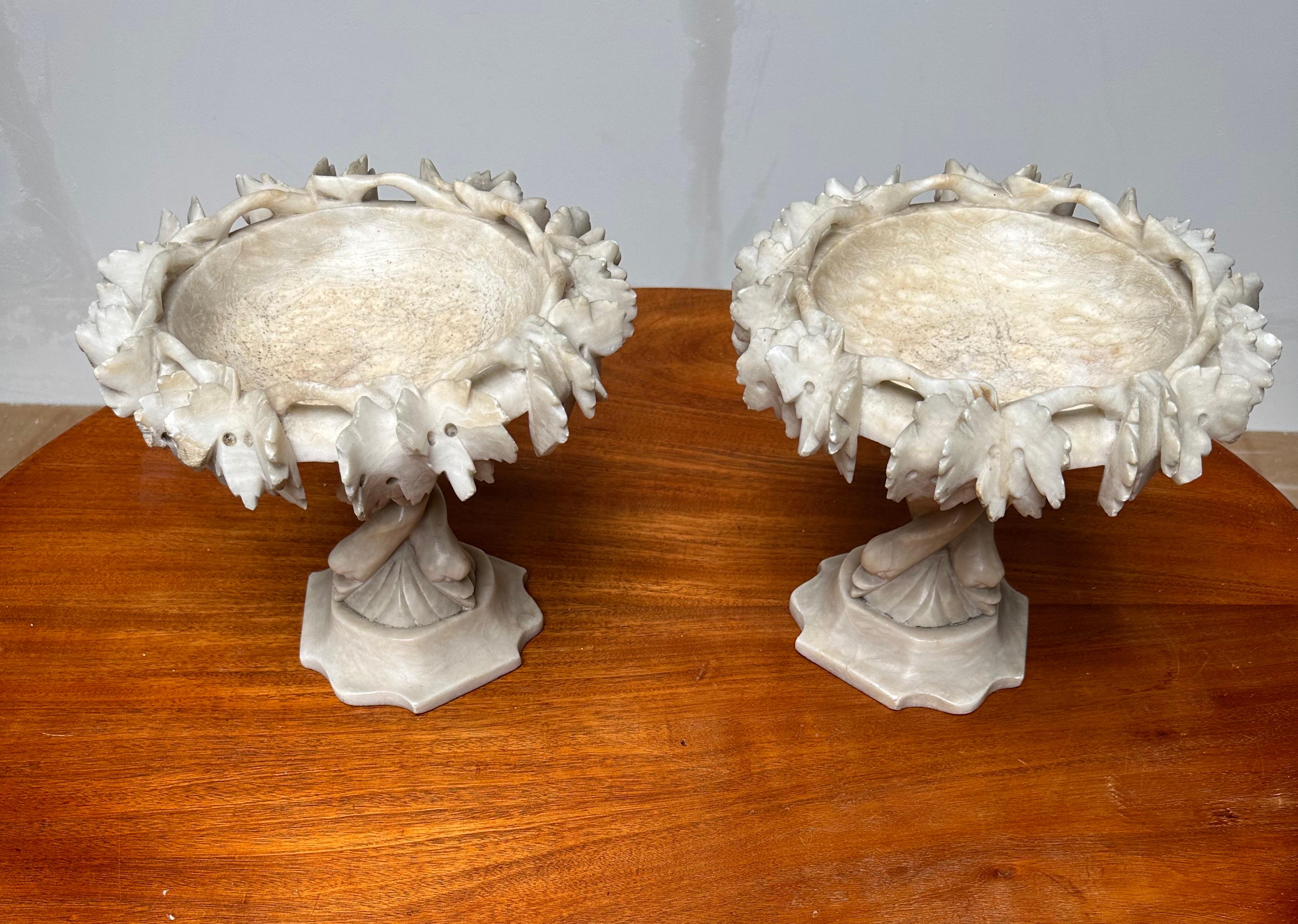 Antique & Rare Pair of Hand Carved Italian Alabaster Tazza Table Display Pieces For Sale 3