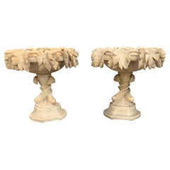 Antique & Rare paire de pièces de présentation de table en albâtre italien sculpté à la main Tazza