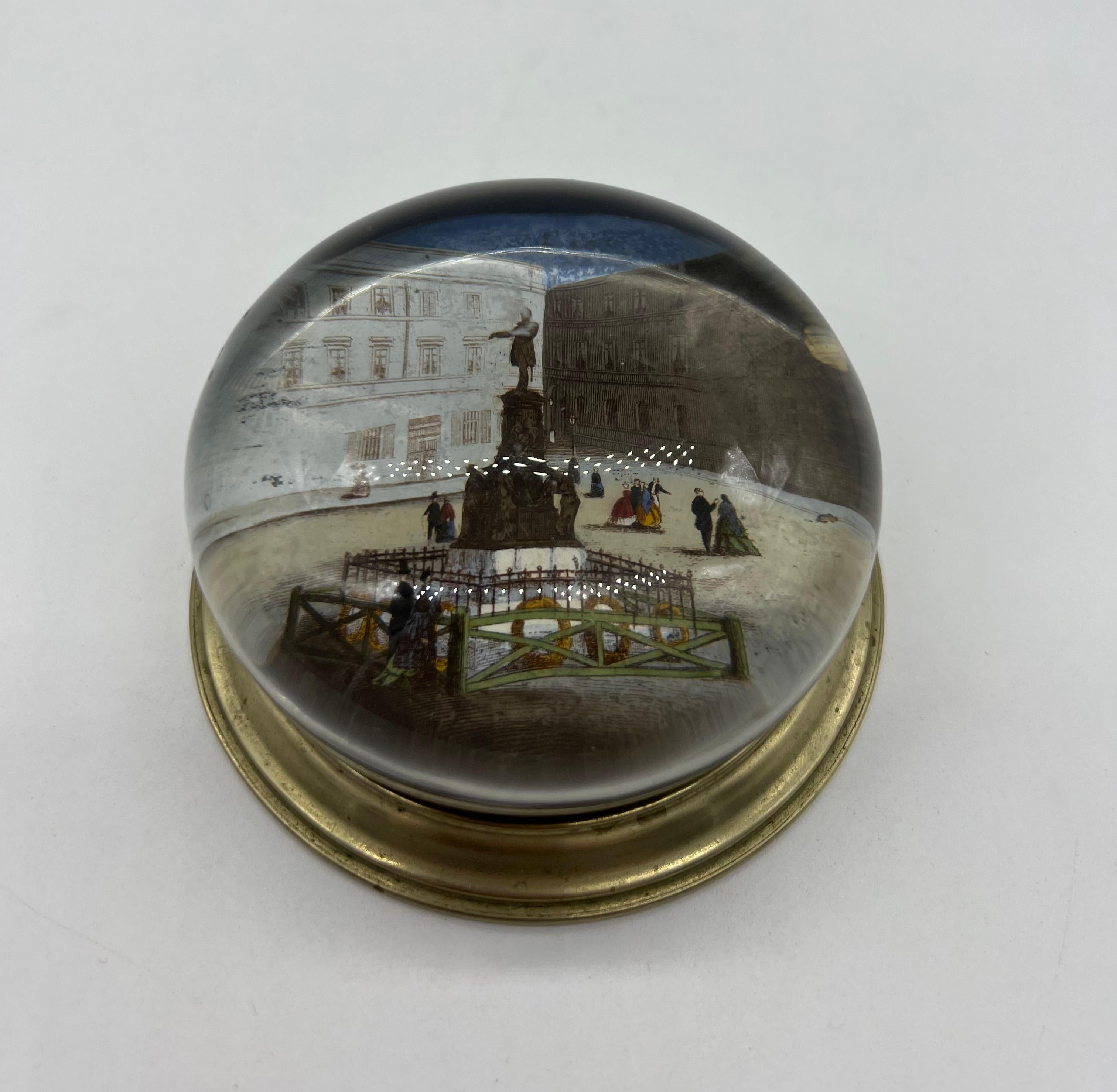 Antique rare paperweight glass ball with picture, alpaca base, good original condition, around 1880.