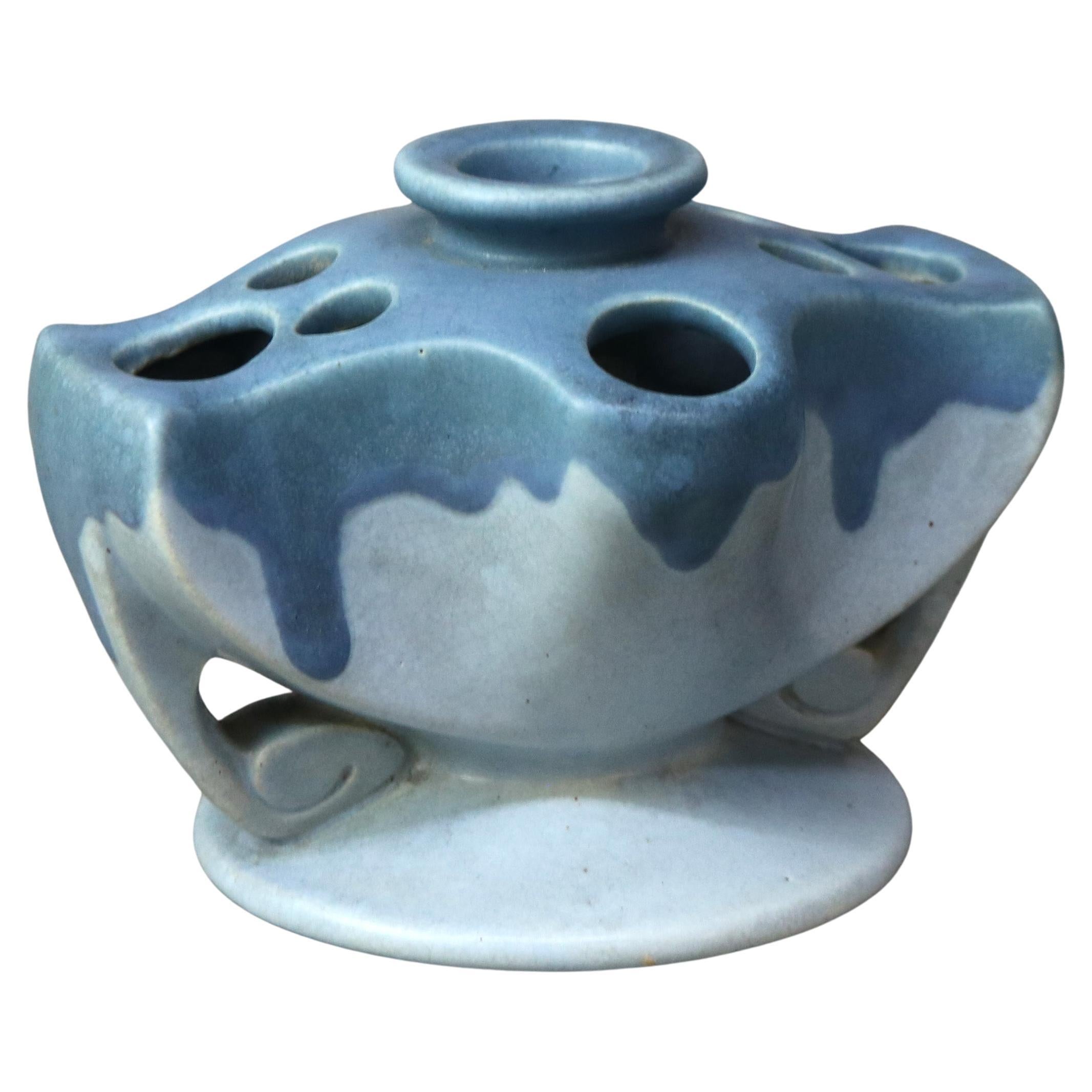 Antique Rare Roseville Art Pottery Blue Flower Frog Candlestick Holder C1920