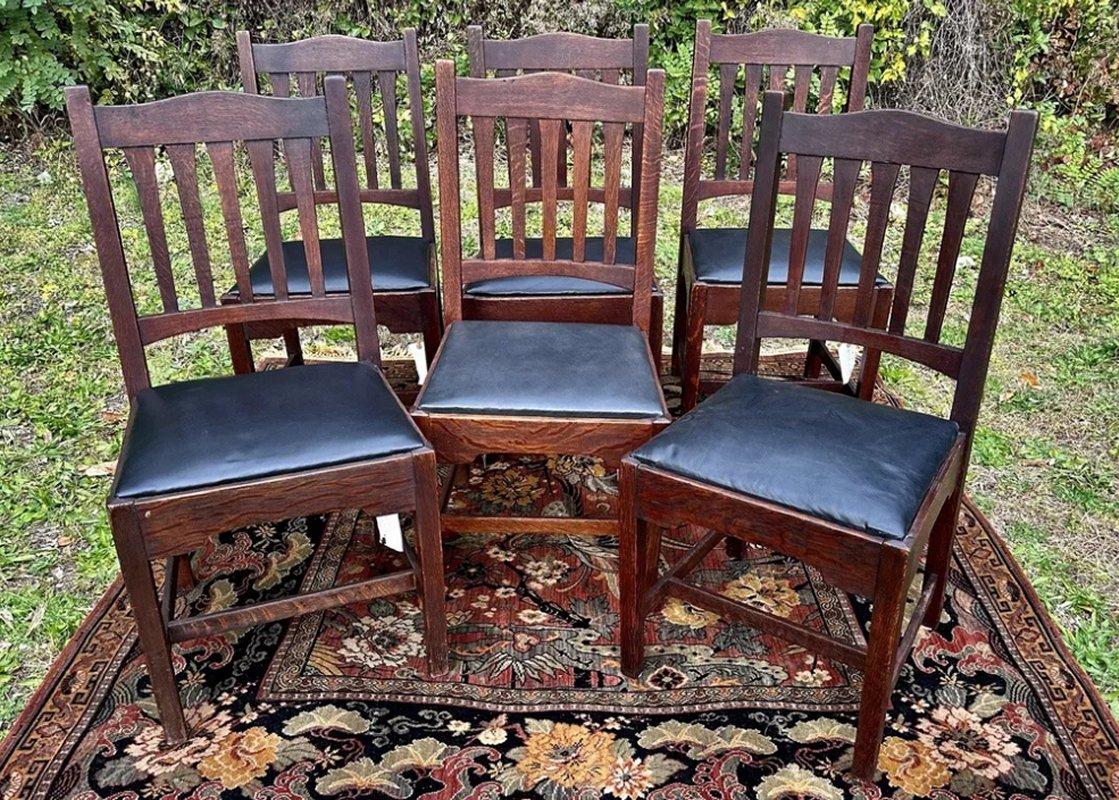 Antique Rare Set Of SEVEN Gustav Stickley Bungalow Chairs circa 1900-01 - W7218
This is an extremely rare set of Gustav Stickley chairs from Circa 1901. The set of 7 are all in good condition with no  replaced parts. We have been dealing for many
