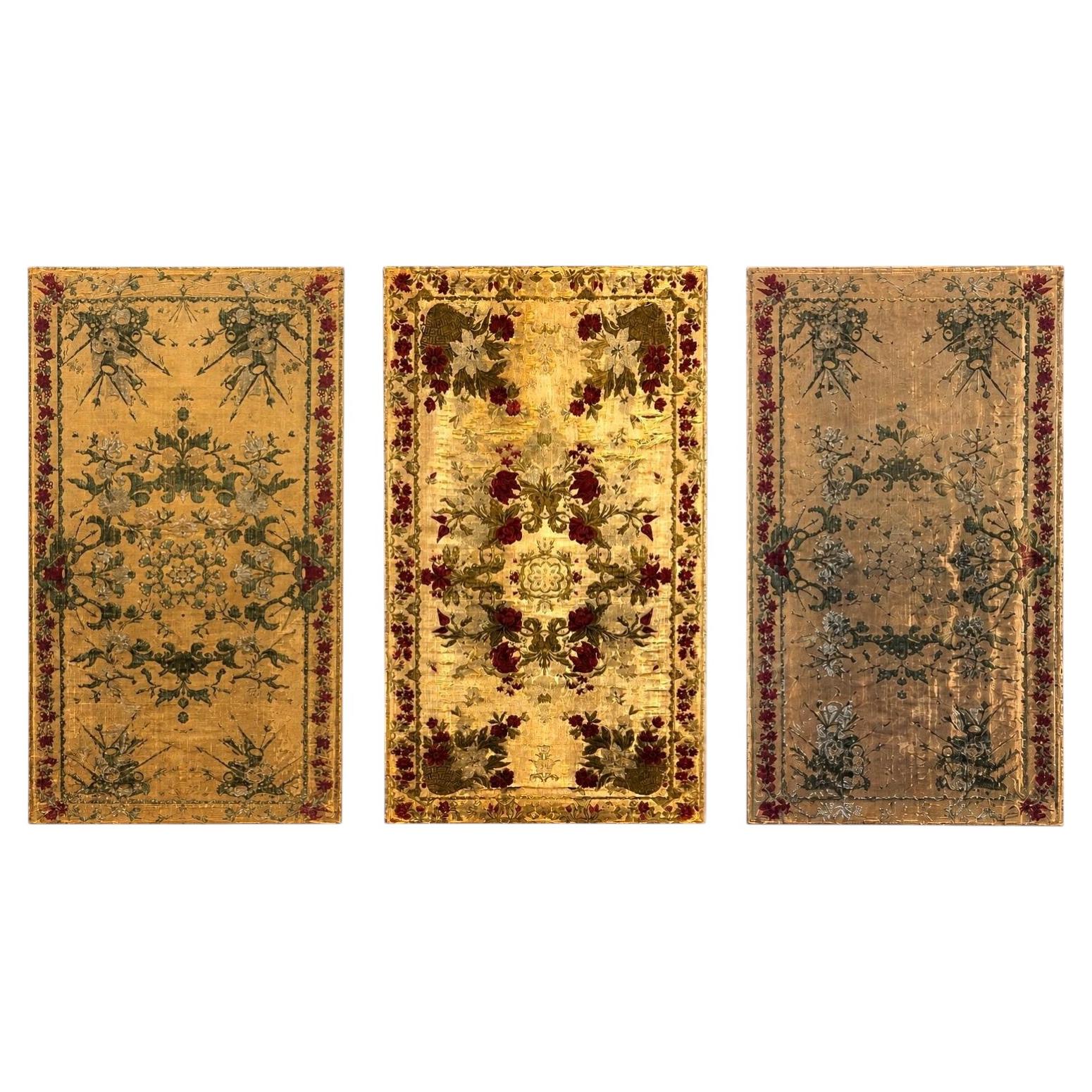 Antique Rare Set of Three 17th Century Genoese Silk & Velvet Panels, Framed