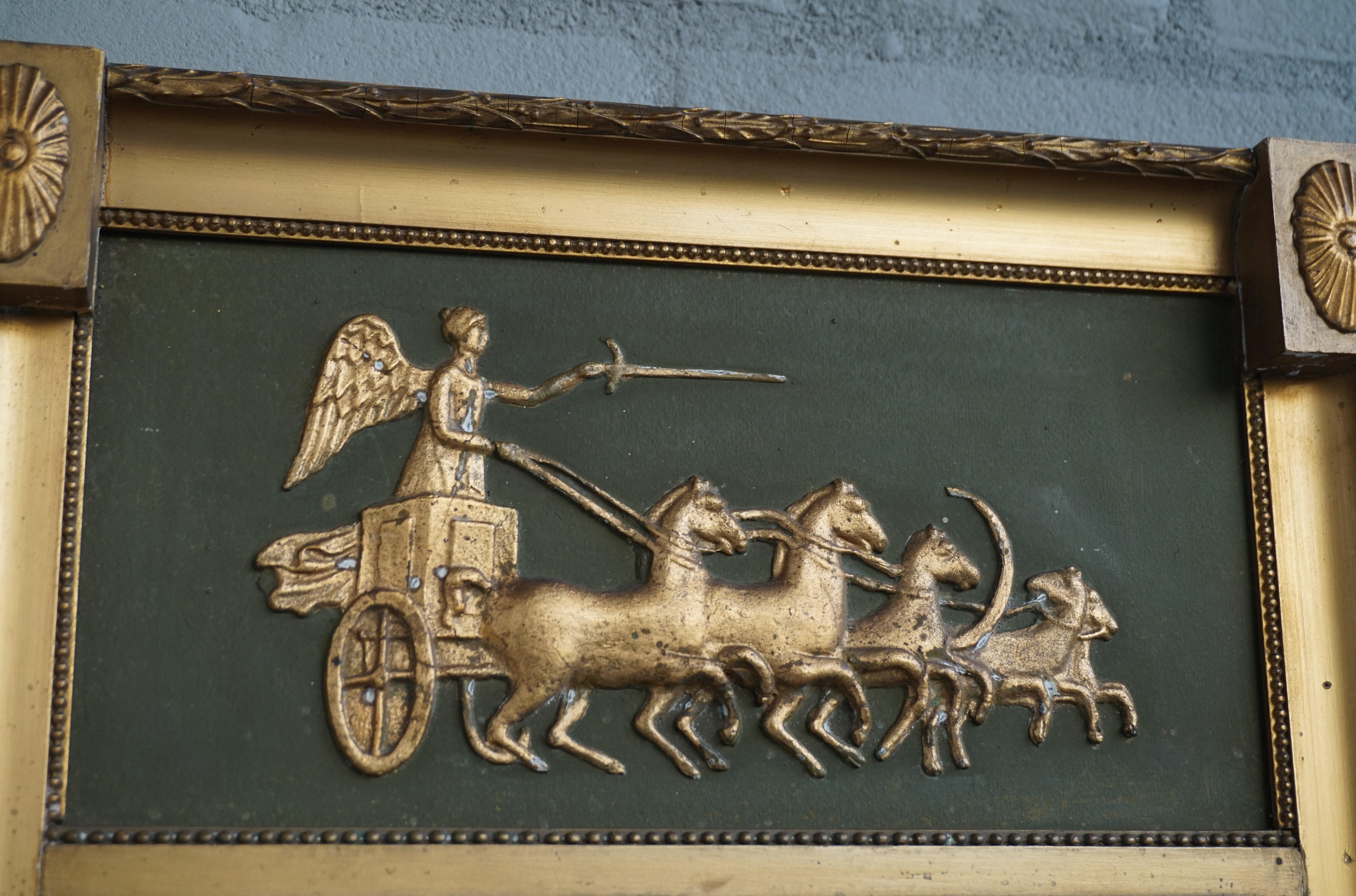 Antique, Rare Size Empire Revival Wall Mirror with Chariot & Horses Sculpture In Good Condition In Lisse, NL