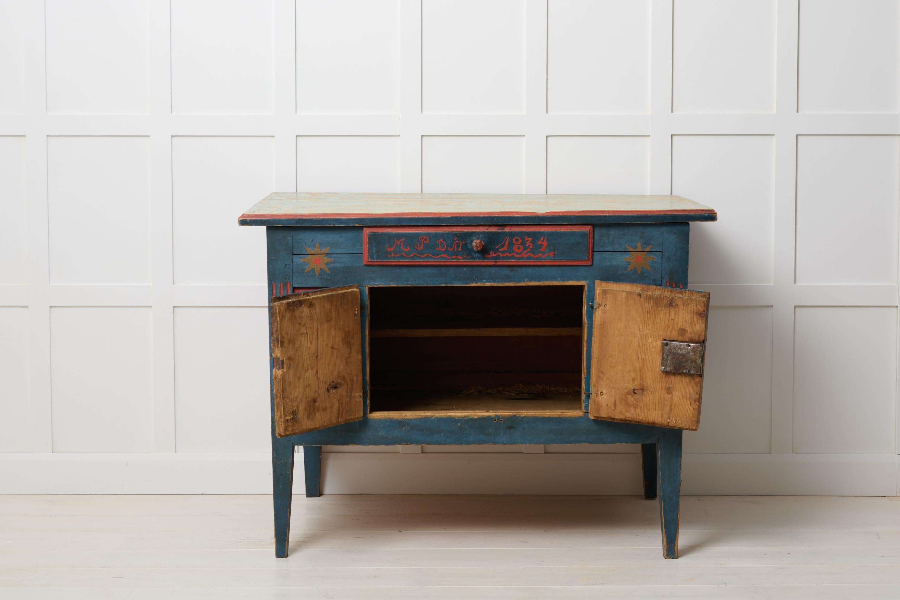 Hand-Crafted Antique Rare Swedish Sideboard, Unusually Low Gustavian Style Original Paint For Sale