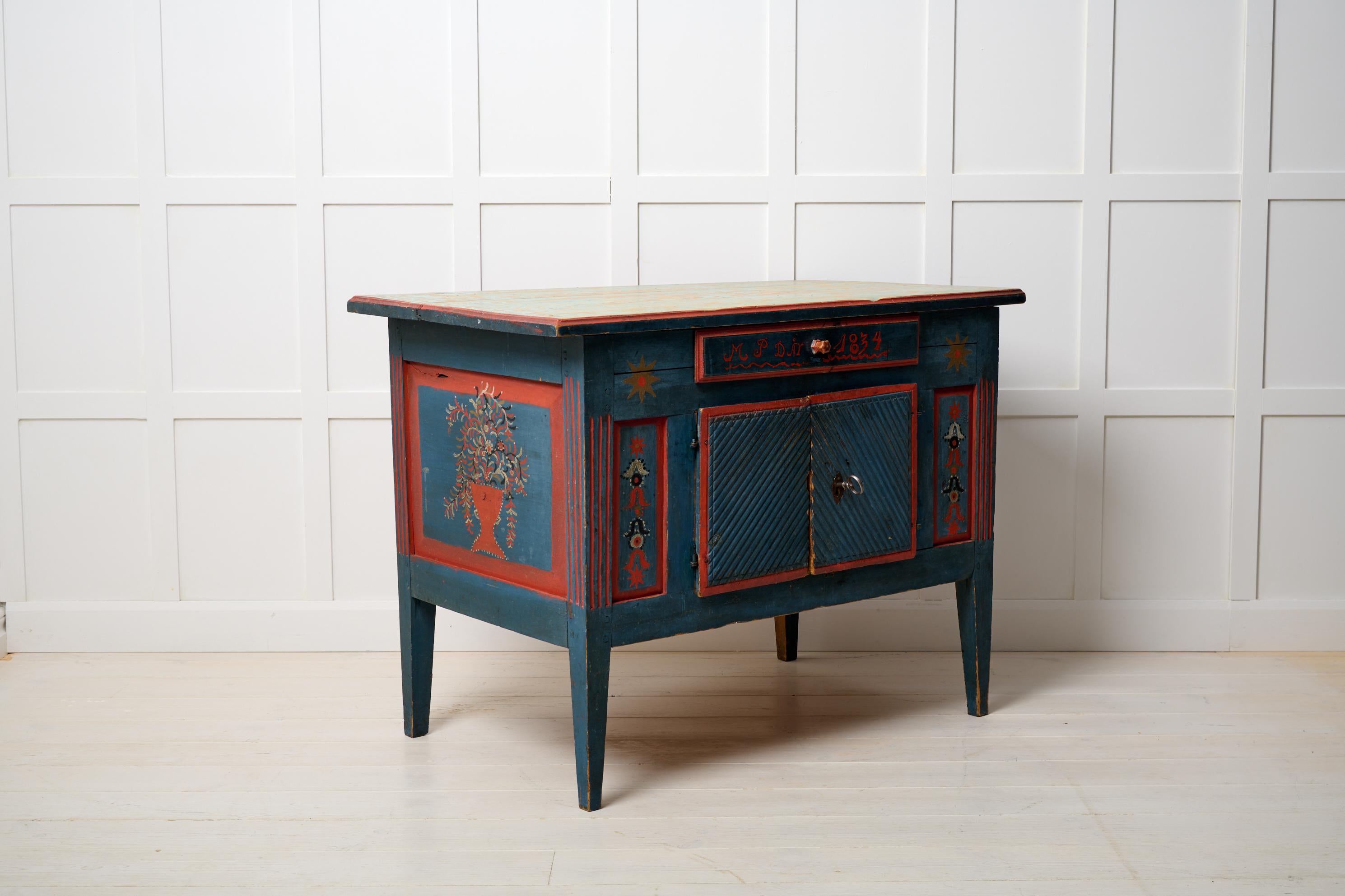 19th Century Antique Rare Swedish Sideboard, Unusually Low Gustavian Style Original Paint For Sale