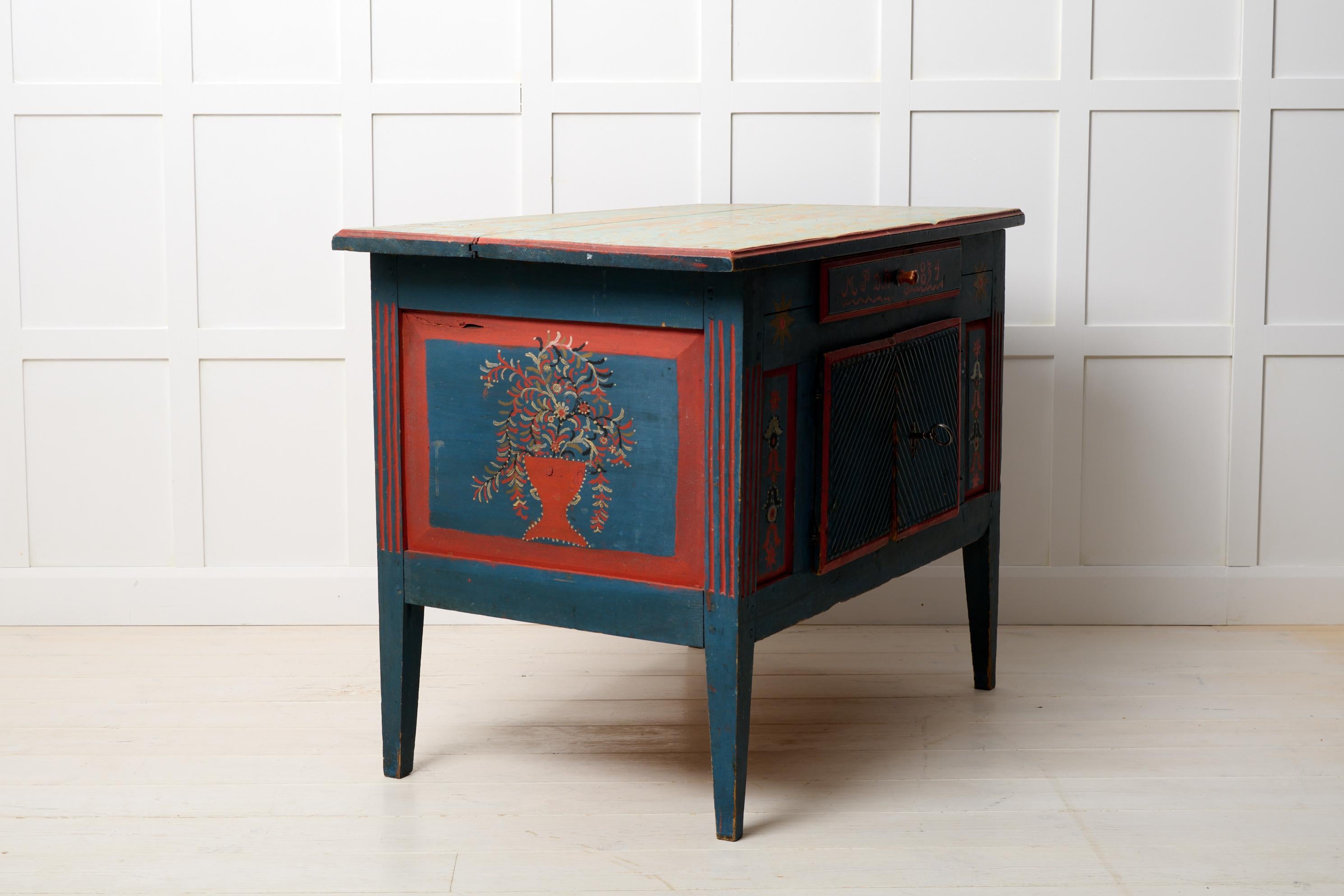 Pine Antique Rare Swedish Sideboard, Unusually Low Gustavian Style Original Paint For Sale