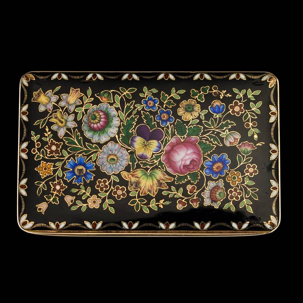 Antique 19th century Swiss 18-karat gold and enamel snuff box, of slender rectangular form, both side enameled with bright and lavish sprays of flowers on black ground, this snuff box demonstrates the best of the Geneva enamelling techniques of the