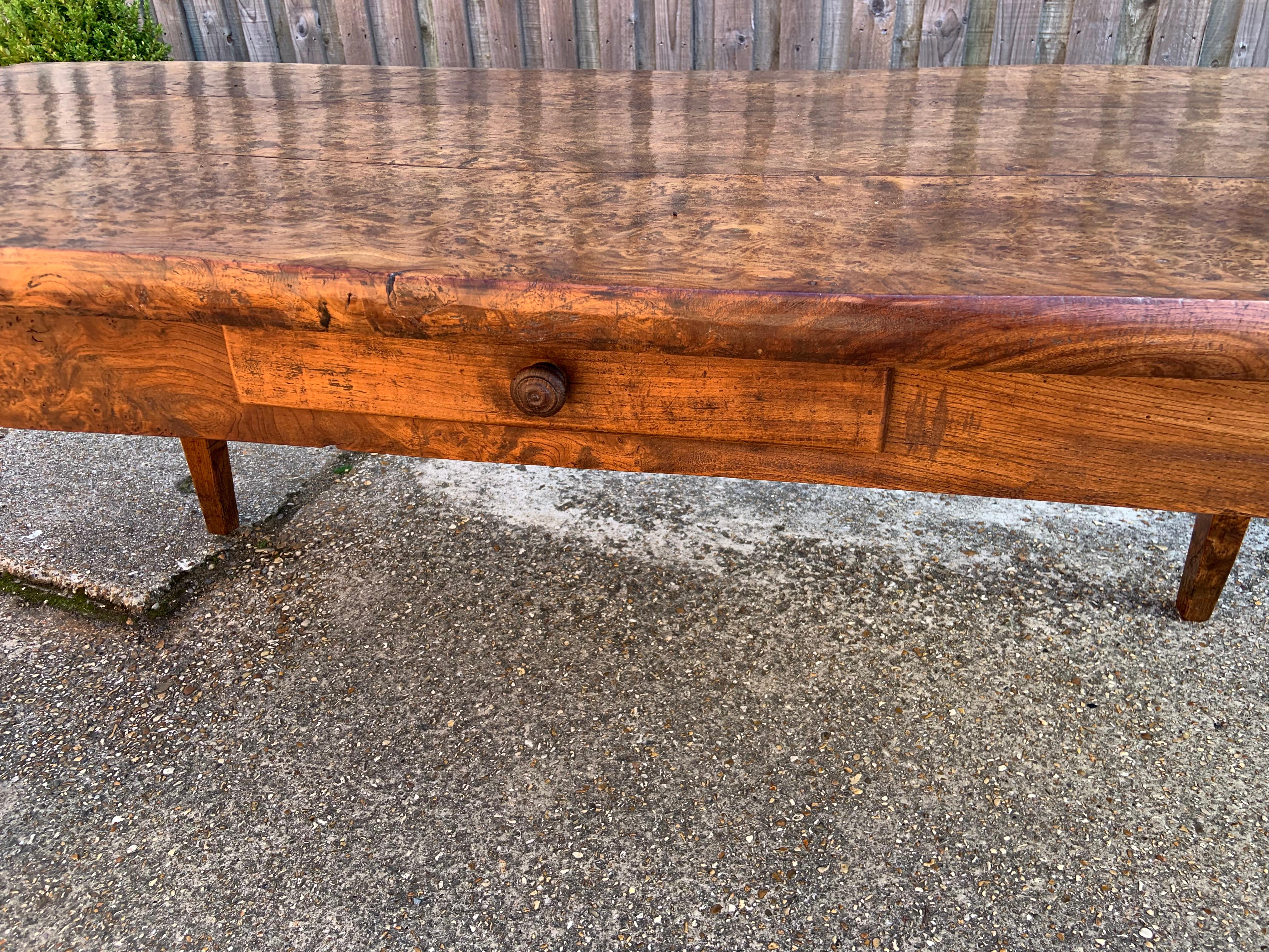 French Antique Rare Wide Burr Elm Thick Top Farmhouse Table