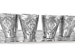 Antique Rare Wine Set with 6 Cups and 1 Tray in Silver