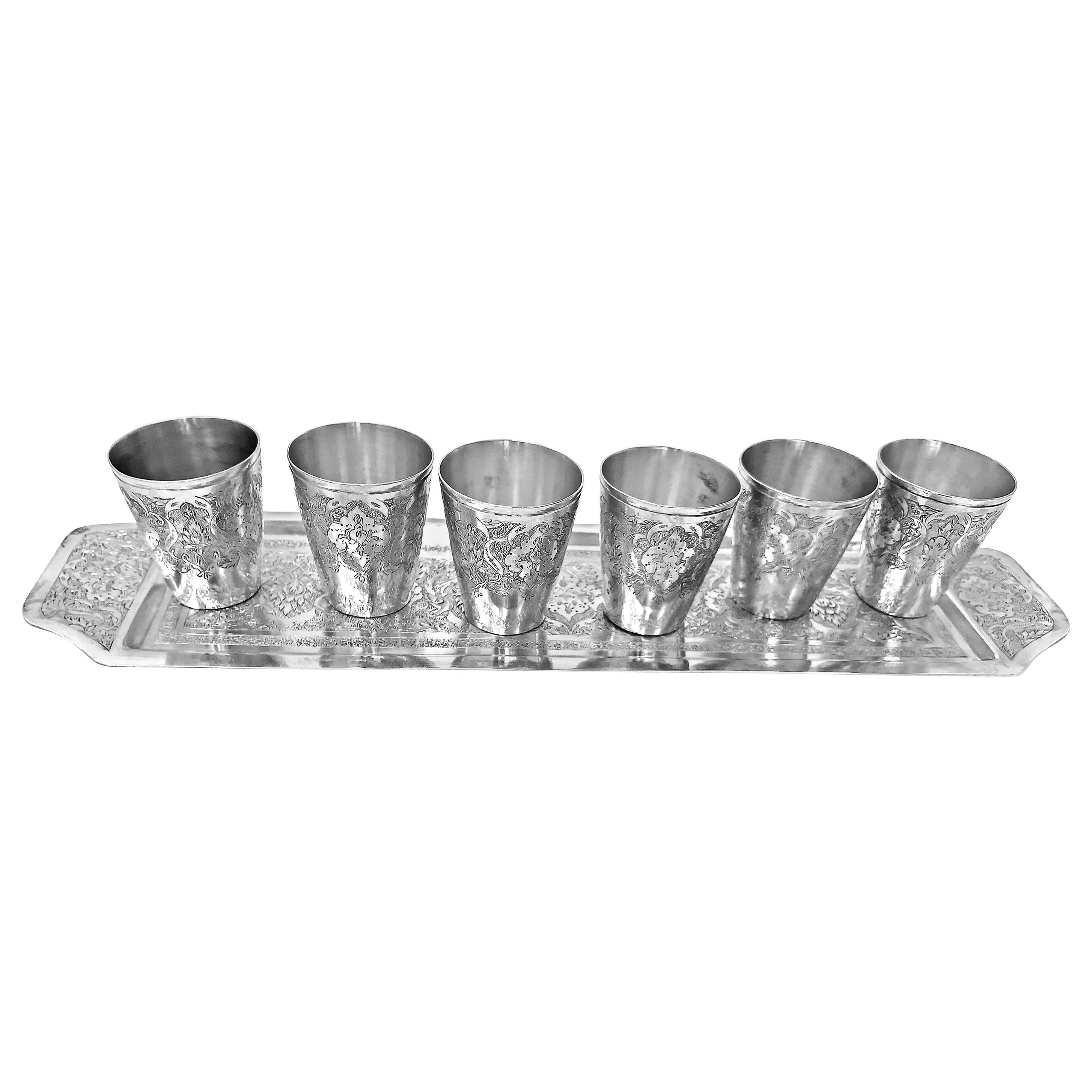 Antique Rare Wine Set with 6 Cups and 1 Tray in Silver For Sale