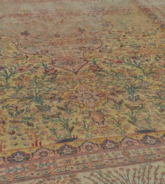 Antique Rare Wool Golden-Yellow Floral Hand-Knotted Persian Kashan Mohtasham Rug