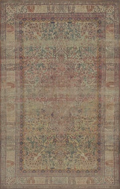 Antique Rare Wool Golden-Yellow Floral Hand-Knotted Persian Kashan Mohtasham Rug