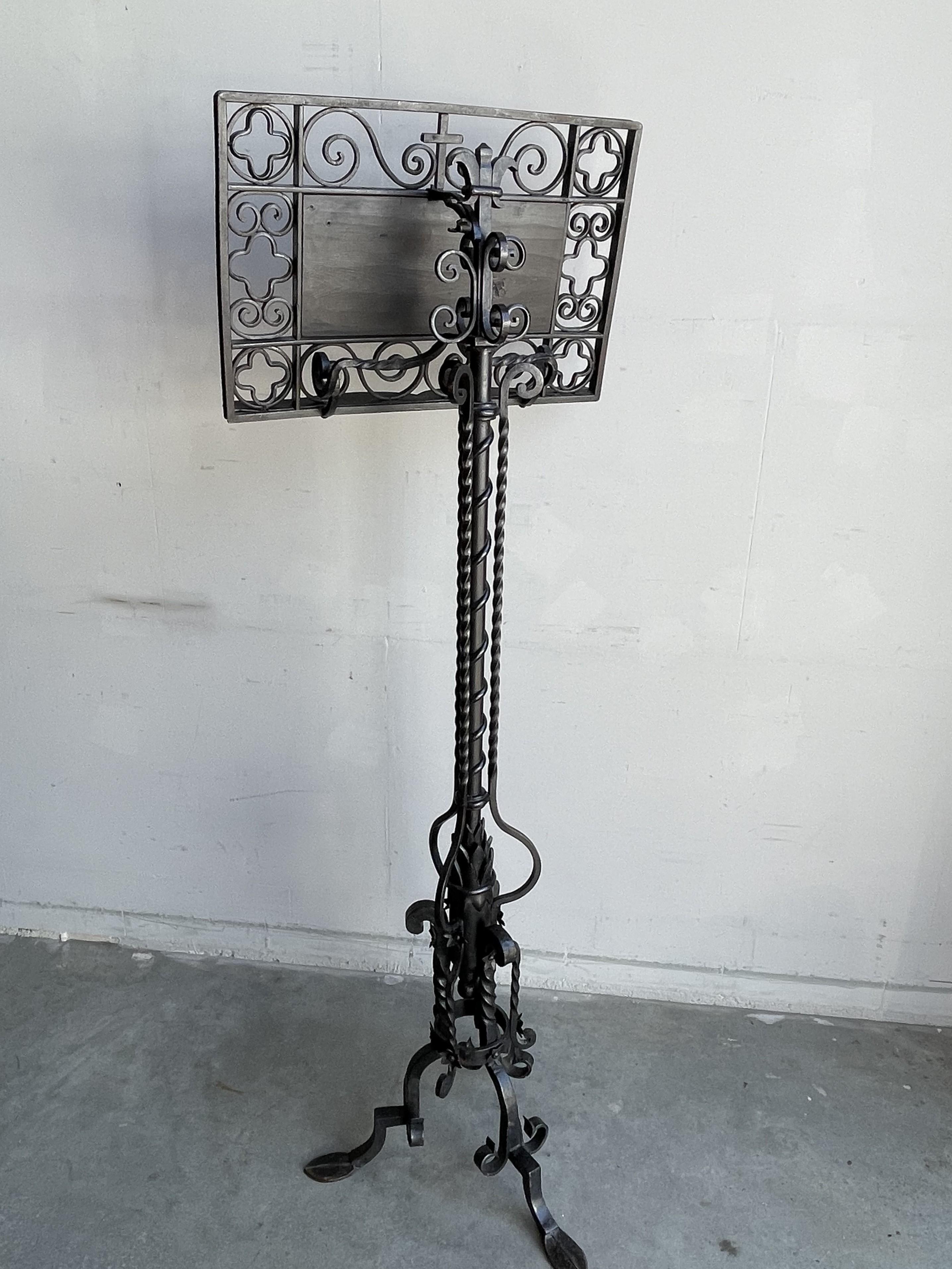 Blackened Antique & Rare, Wrought Iron Gothic Revival Floor Lectern / Bible and Book Stand For Sale