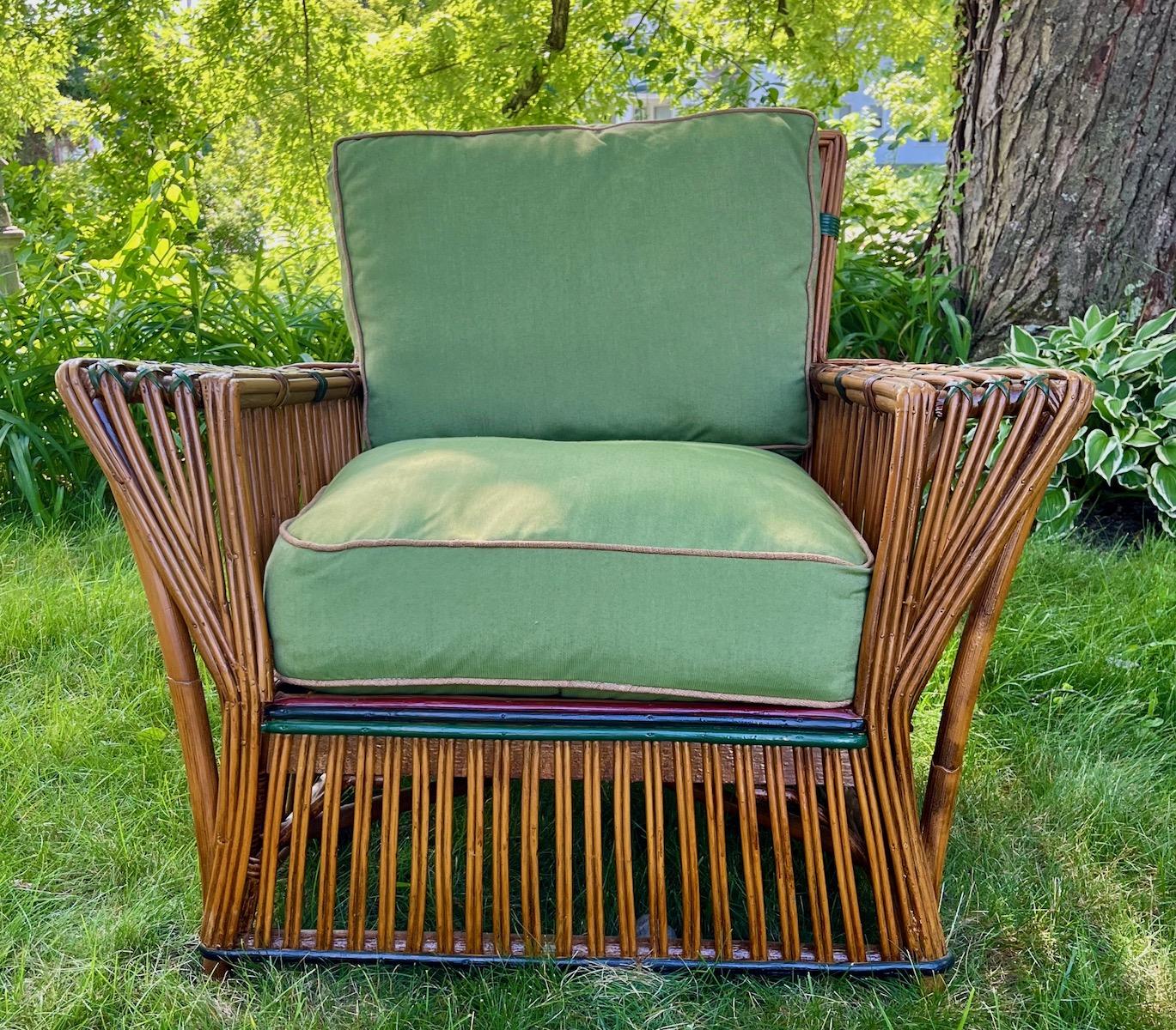 Art Deco Antique Rattan / Stick Wicker Arm Chair in Natural Finish with Colored Trim For Sale