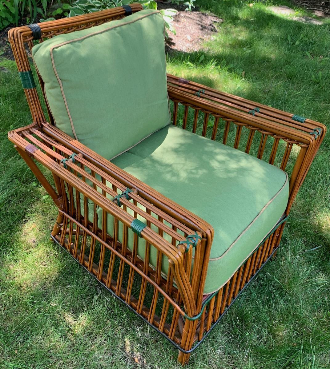 American Antique Rattan / Stick Wicker Arm Chair in Natural Finish with Colored Trim For Sale