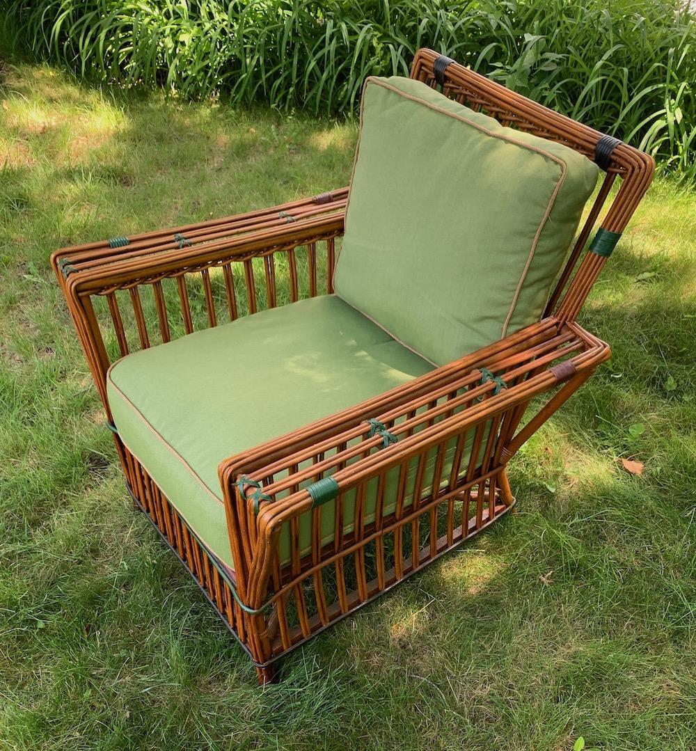 Art Deco Antique Rattan / Stick Wicker Arm Chair in Natural Finish with Colored Trim For Sale
