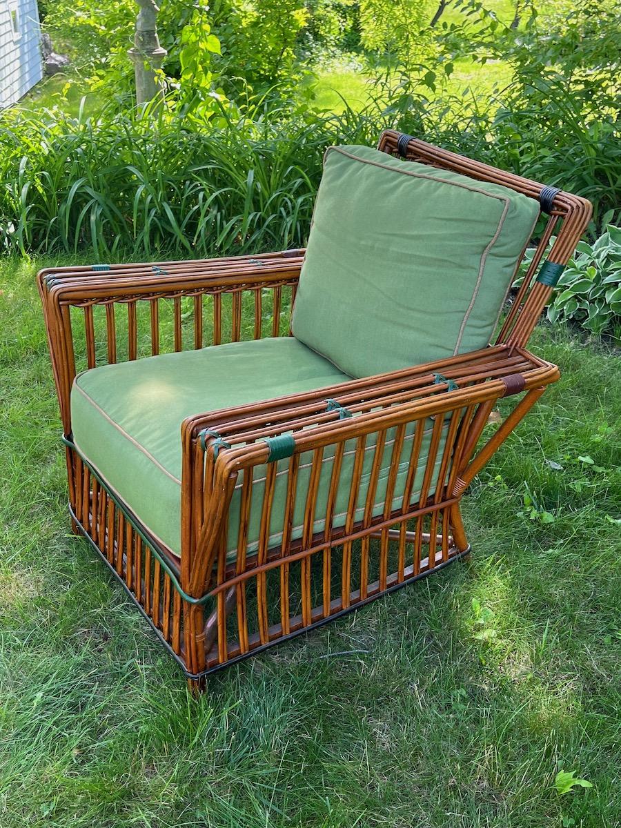 Hand-Woven Antique Rattan / Stick Wicker Arm Chair in Natural Finish with Colored Trim For Sale