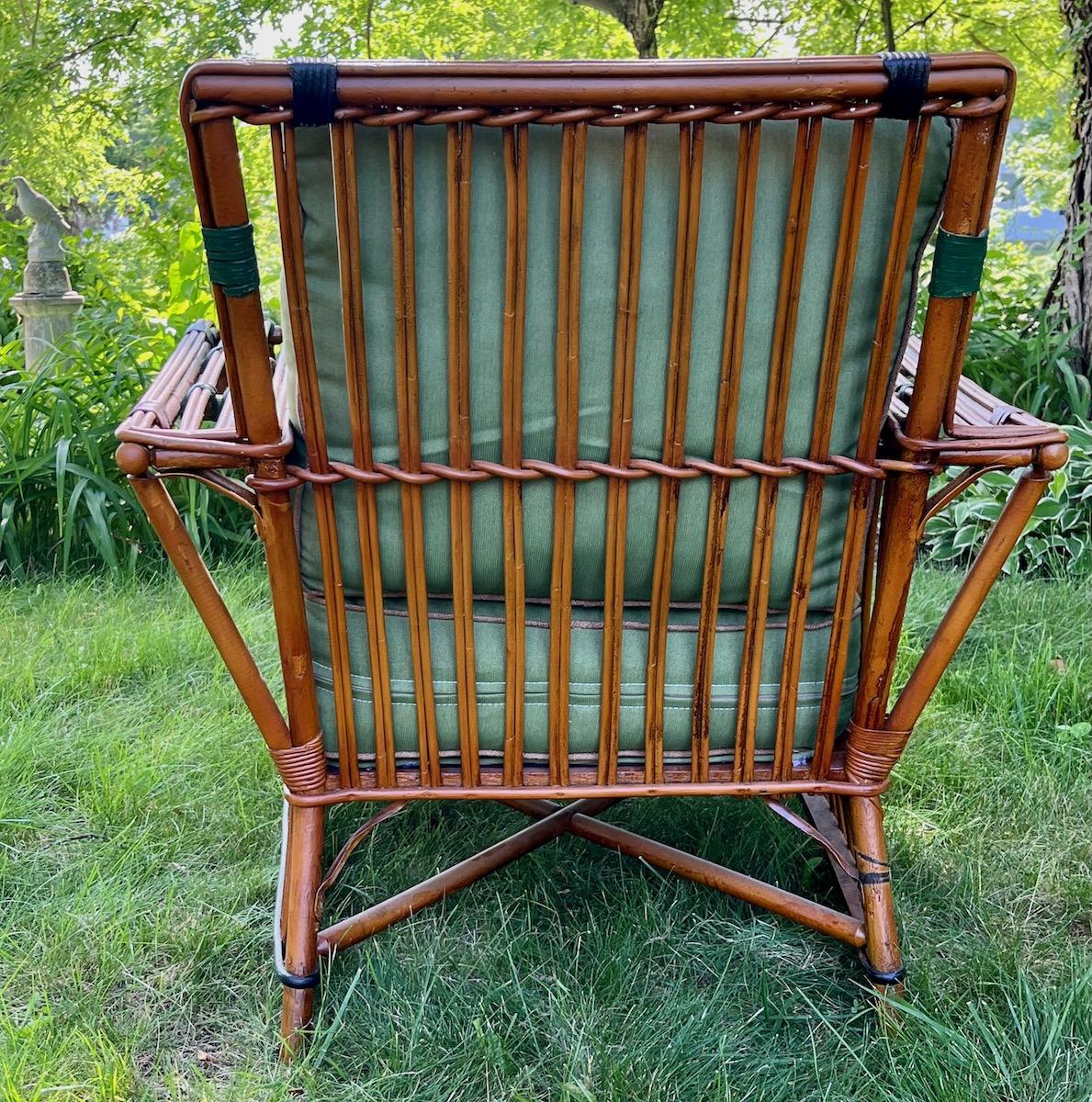 Antique Rattan / Stick Wicker Arm Chair in Natural Finish with Colored Trim In Good Condition For Sale In Nashua, NH