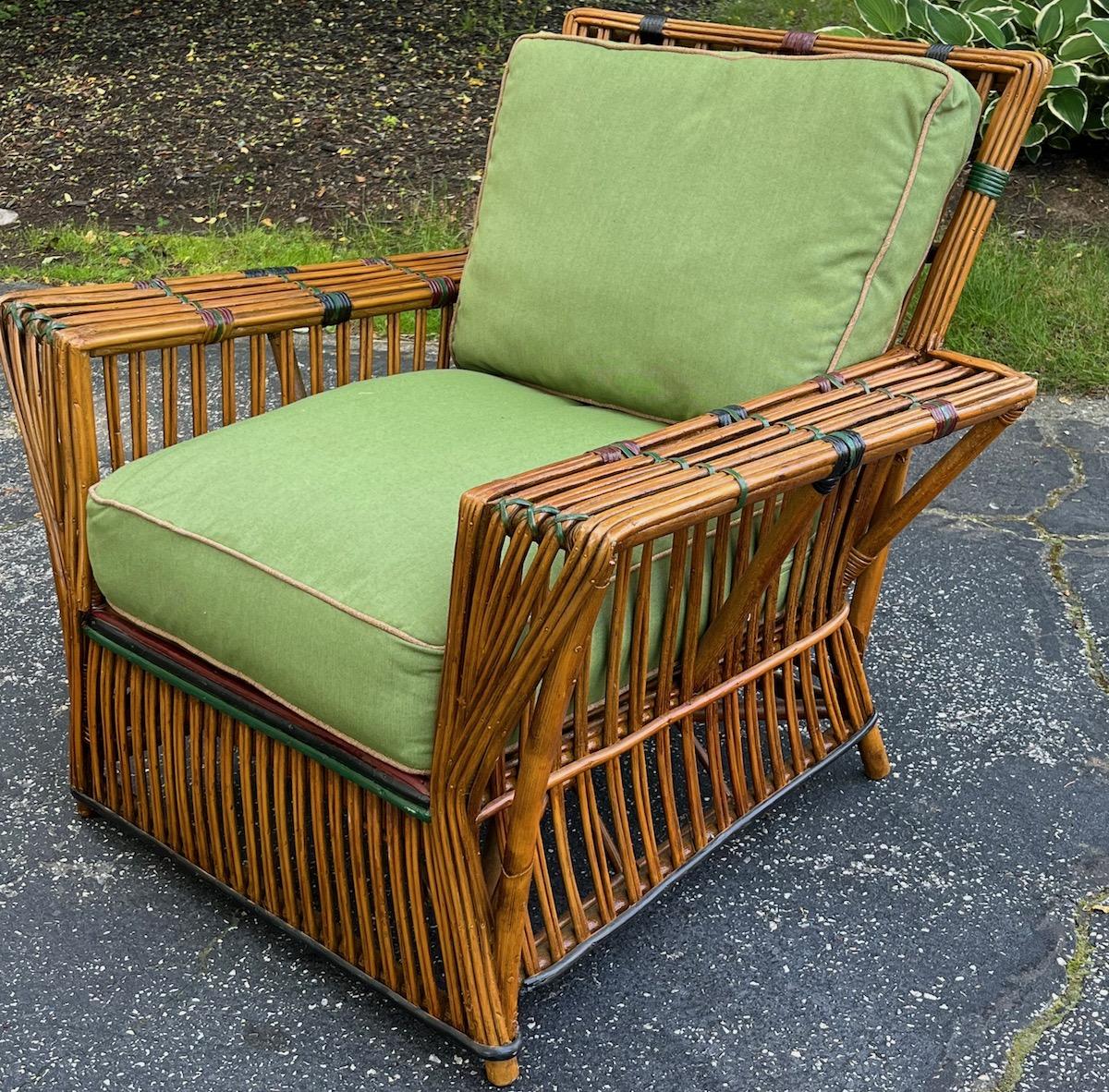 Upholstery Antique Rattan / Stick Wicker Arm Chair in Natural Finish with Colored Trim For Sale