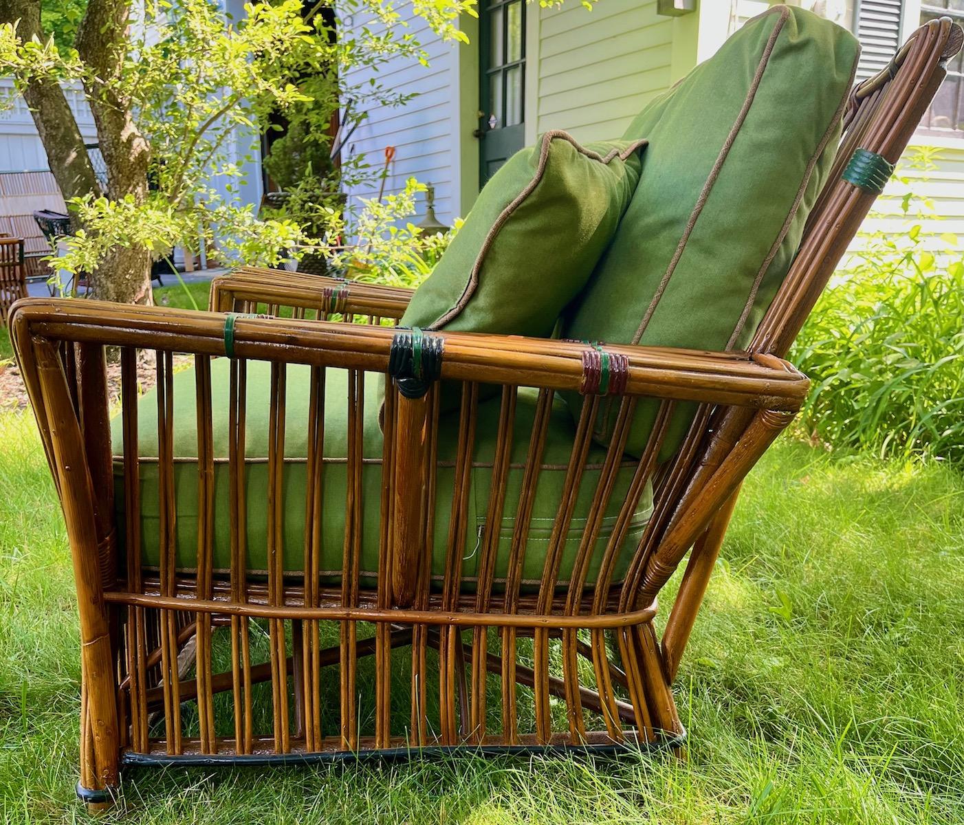 Antique Rattan / Stick Wicker Arm Chair in Natural Finish with Colored Trim In Good Condition For Sale In Nashua, NH