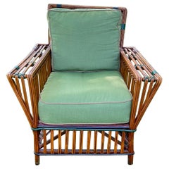 Antique Rattan / Stick Wicker Arm Chair in Natural Finish with Colored Trim
