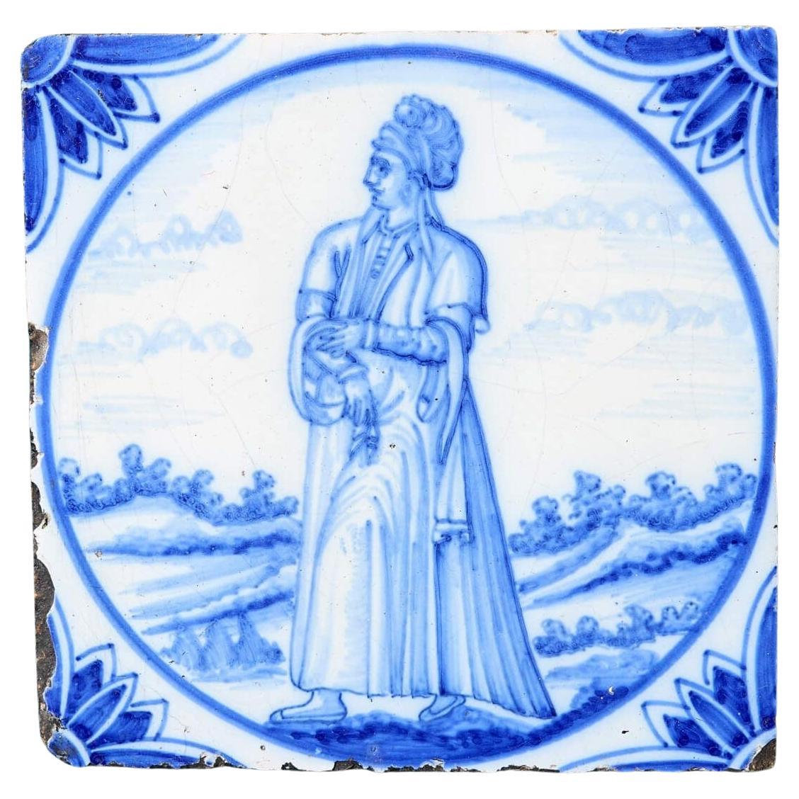 Antique Ravesteijn Blue Delft Tile of Figure in Turkish Dress