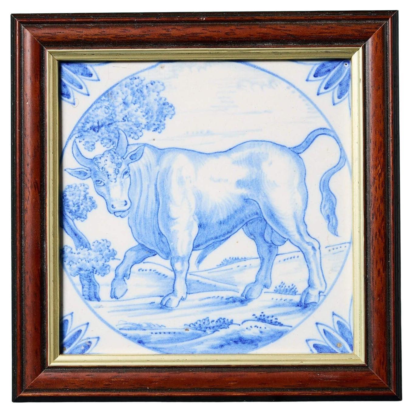 Antique Ravesteijn Blue & White Delft Bull Tile