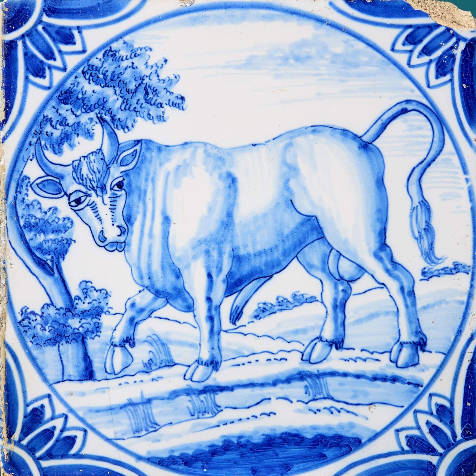 Georgian Antique Ravesteijn Blue & White Delft Tile of a Bull For Sale