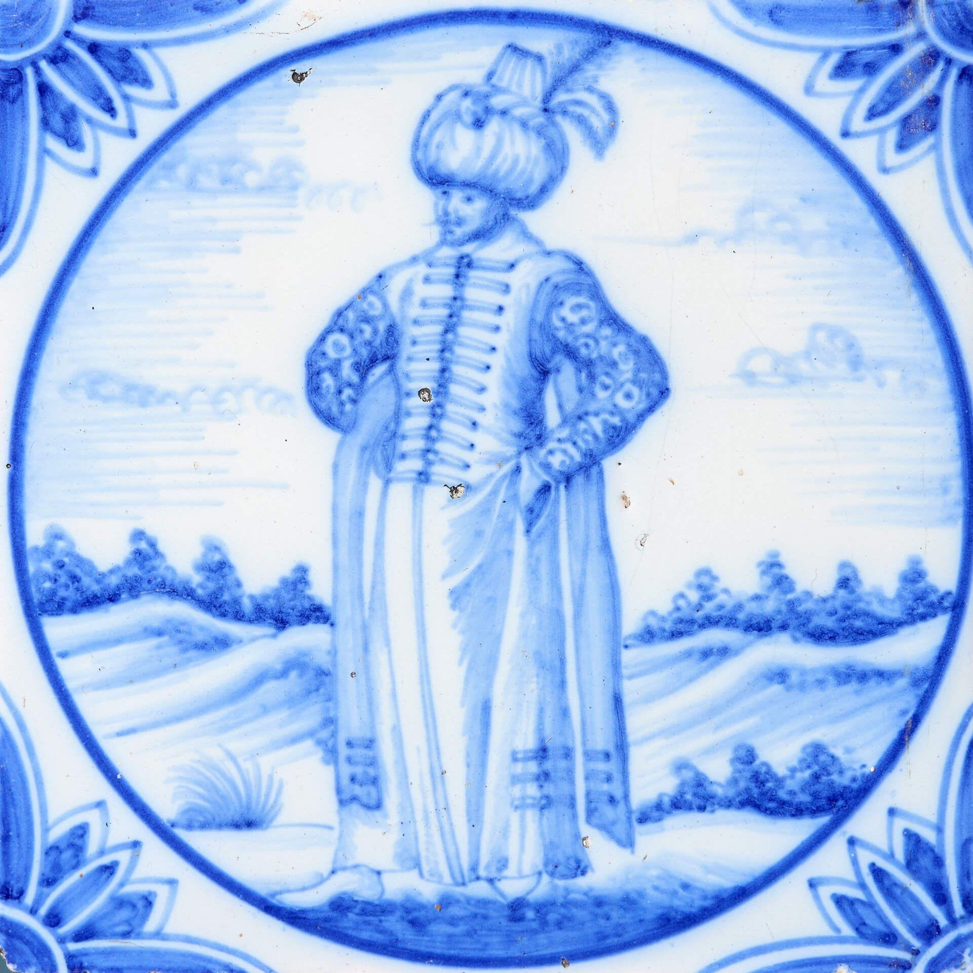 Dutch Antique Ravesteijn Delft Tile of Turkish Figure For Sale